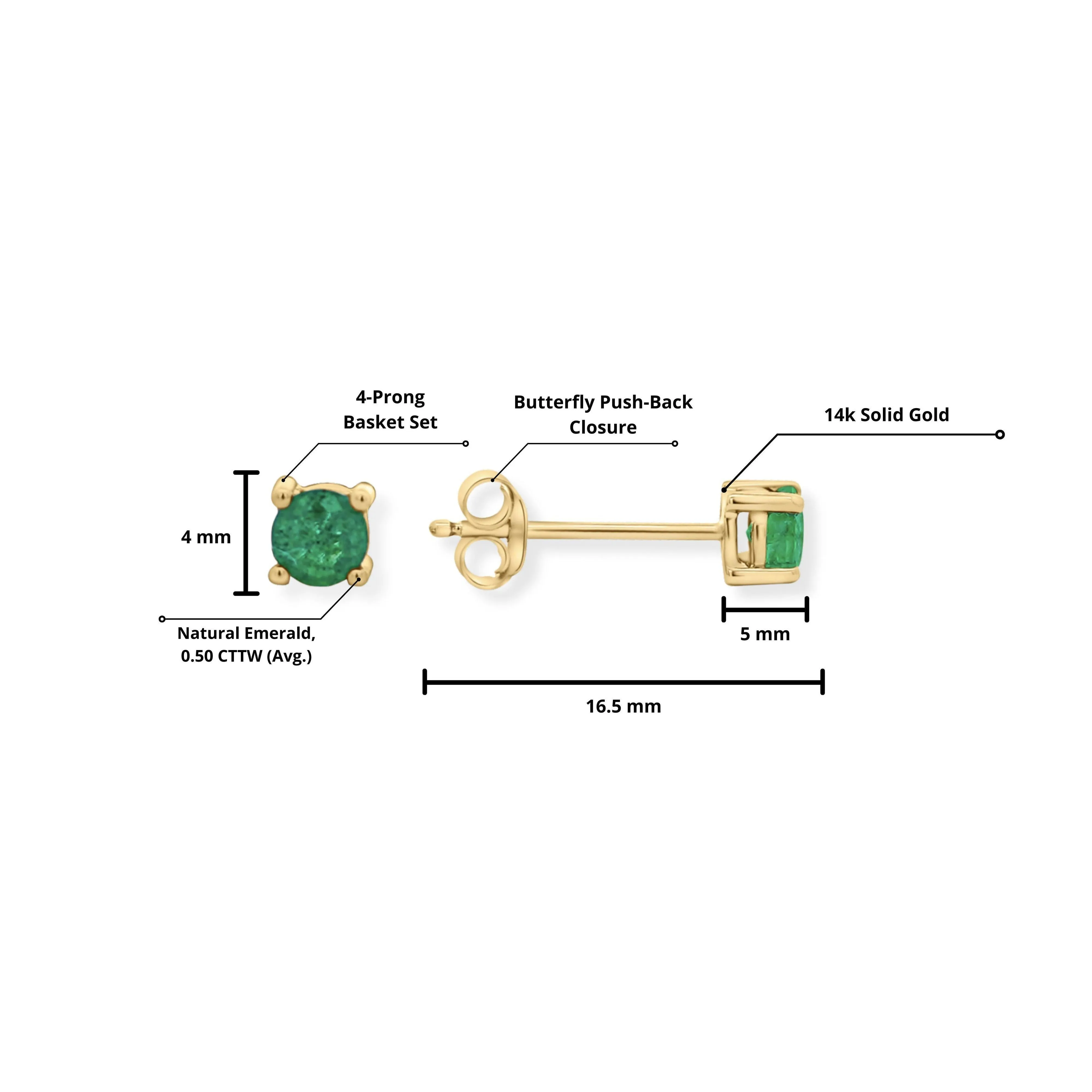 1/2 Carat Natural Emerald Stud Earrings 4mm 4-Prong 14K Gold