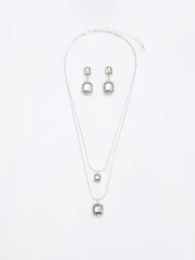 2-Layer Square Gem Earring & Necklace Set