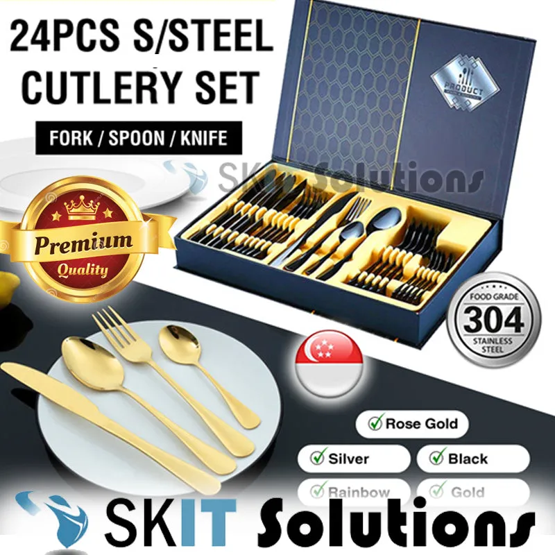 24PCS Cutlery Set Stainless Steel Spoon Fork Knife Tableware Gift Box Dinner Kitchen Dinnerware