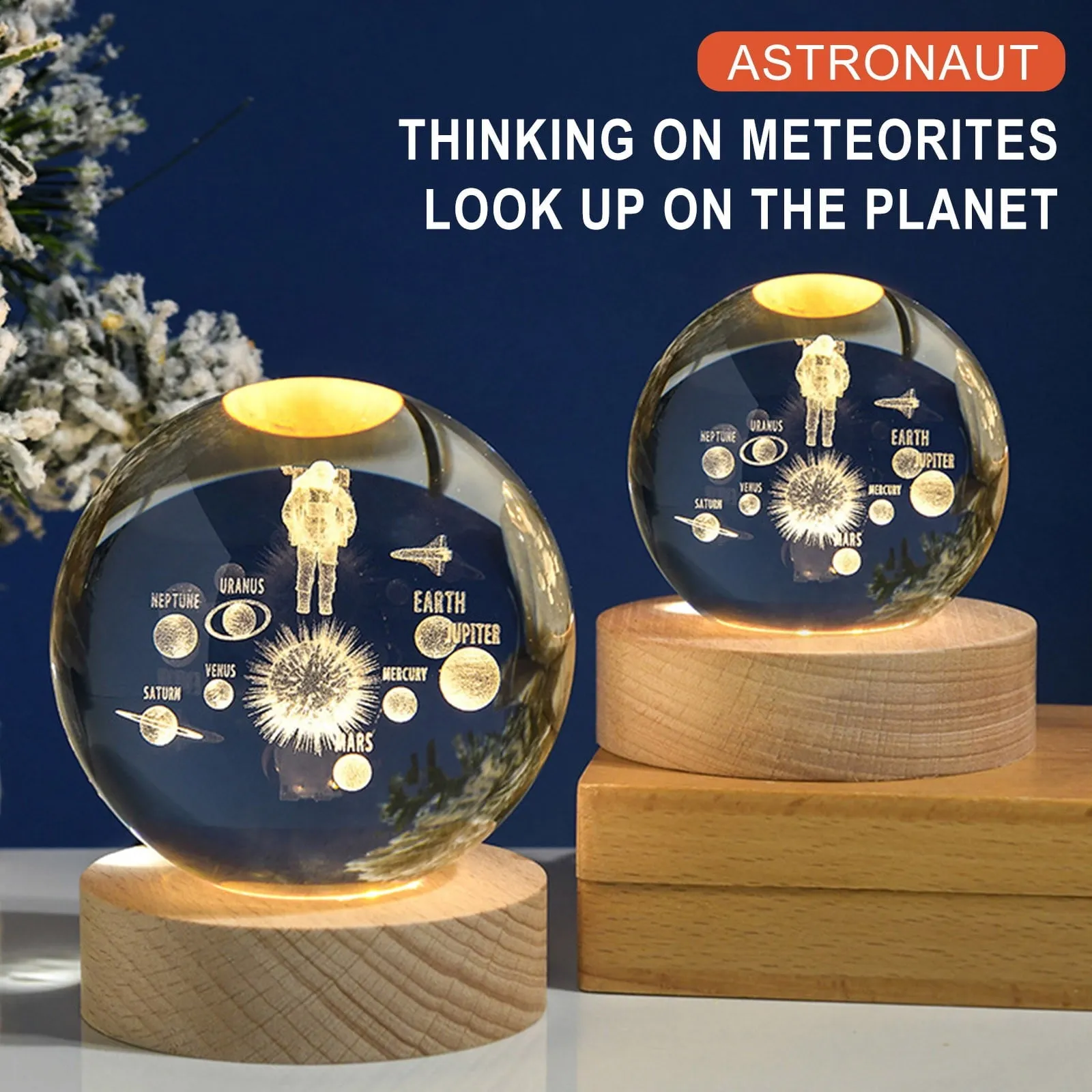 3D Crystal Astronaut With Planets Warm Led with Wood Base