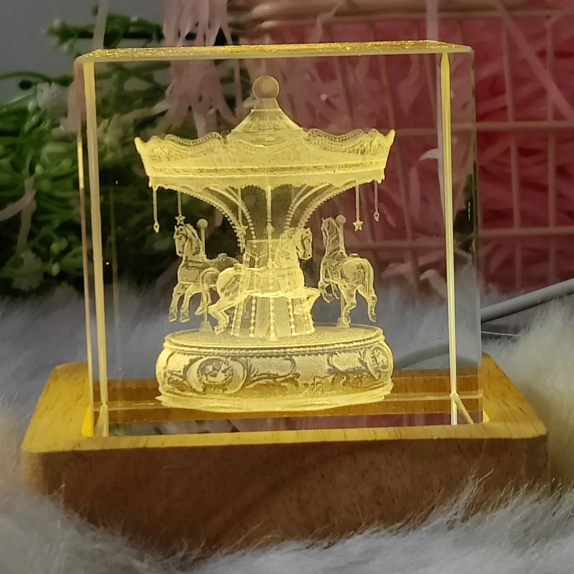 3D Crystal Merry-Go-Round Solid Cube With Warm Led with Wood Base