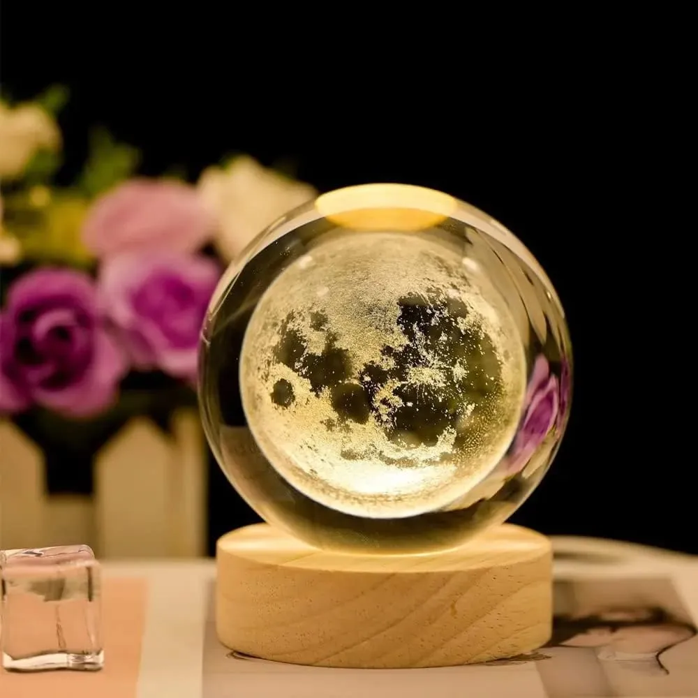 3D Crystal Moon Warm Led with Wood Base  (No Cash On Delivery Allowed On This Product) - Prepaid Orders Only