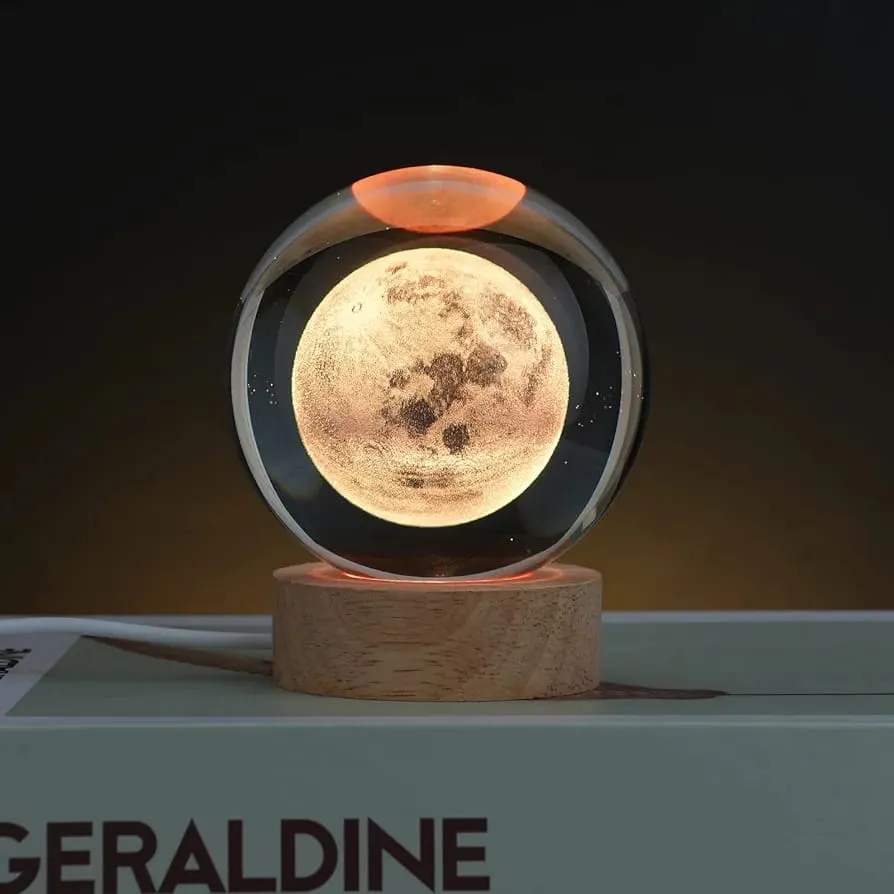 3D Crystal Moon Warm Led with Wood Base  (No Cash On Delivery Allowed On This Product) - Prepaid Orders Only