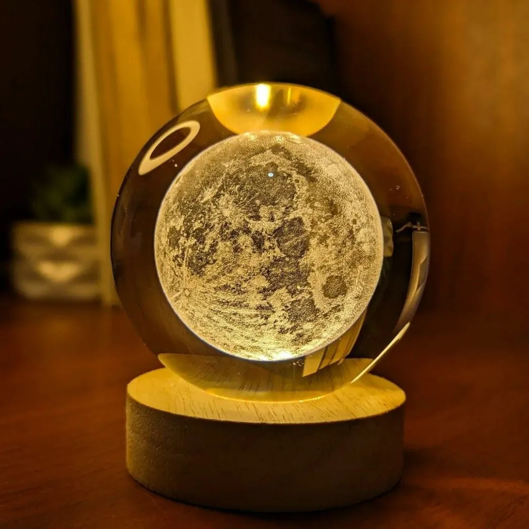 3D Crystal Moon Warm Led with Wood Base  (No Cash On Delivery Allowed On This Product) - Prepaid Orders Only