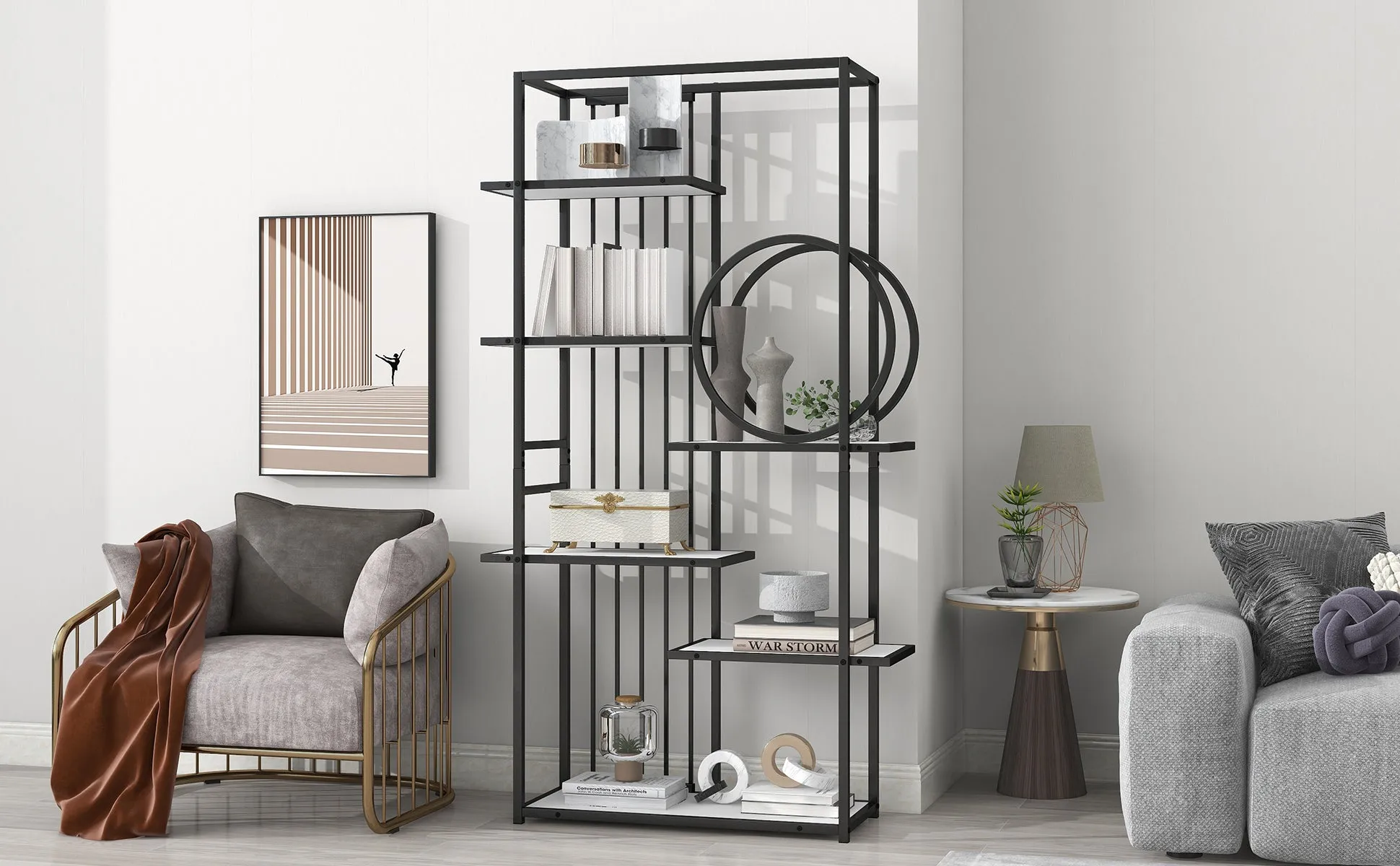 6 Tiers Home Office Bookcase Open Bookshelf with Black Metal Frame Storage Large Bookshelf Furniture, White