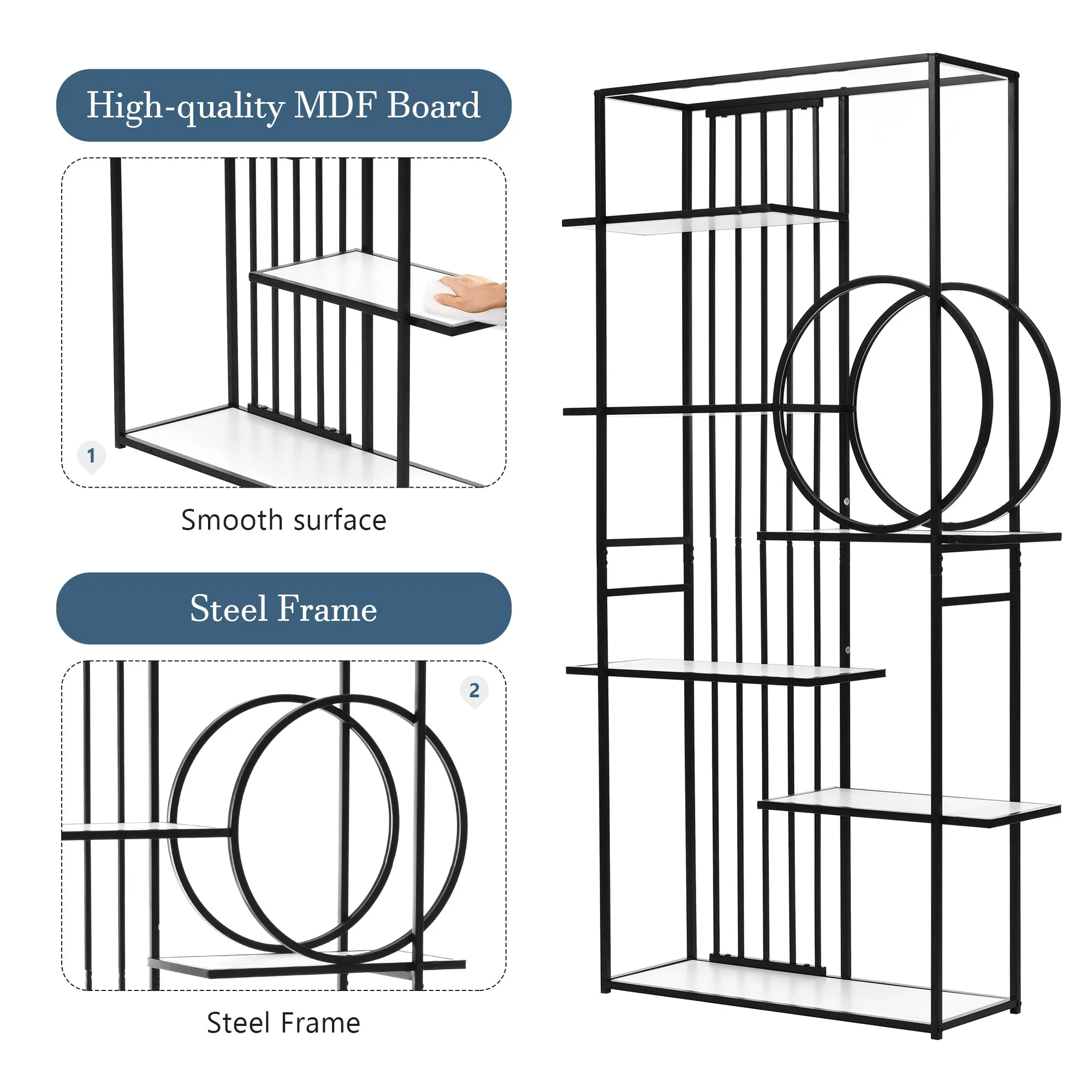 6 Tiers Home Office Bookcase Open Bookshelf with Black Metal Frame Storage Large Bookshelf Furniture, White