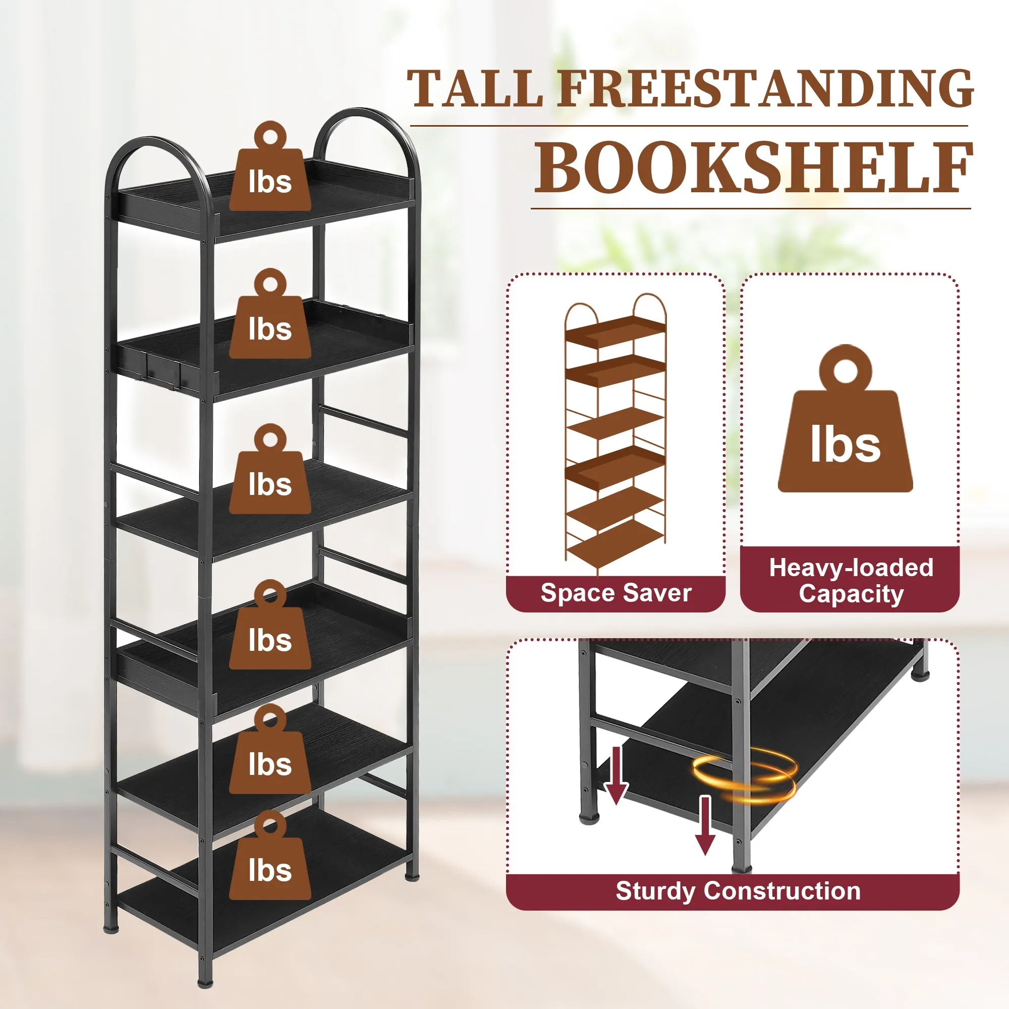 70.8 Inch Tall Bookshelf, 6-tier Shelves with Round Top Frame, MDF Boards, Adjustable Foot Pads, Black