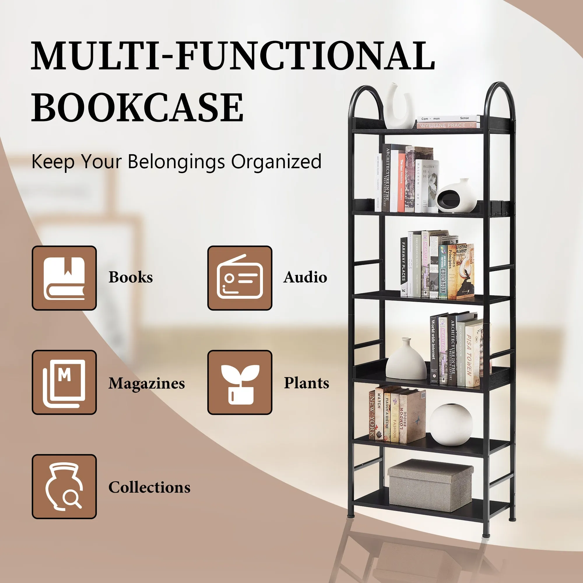 70.8 Inch Tall Bookshelf, 6-tier Shelves with Round Top Frame, MDF Boards, Adjustable Foot Pads, Black