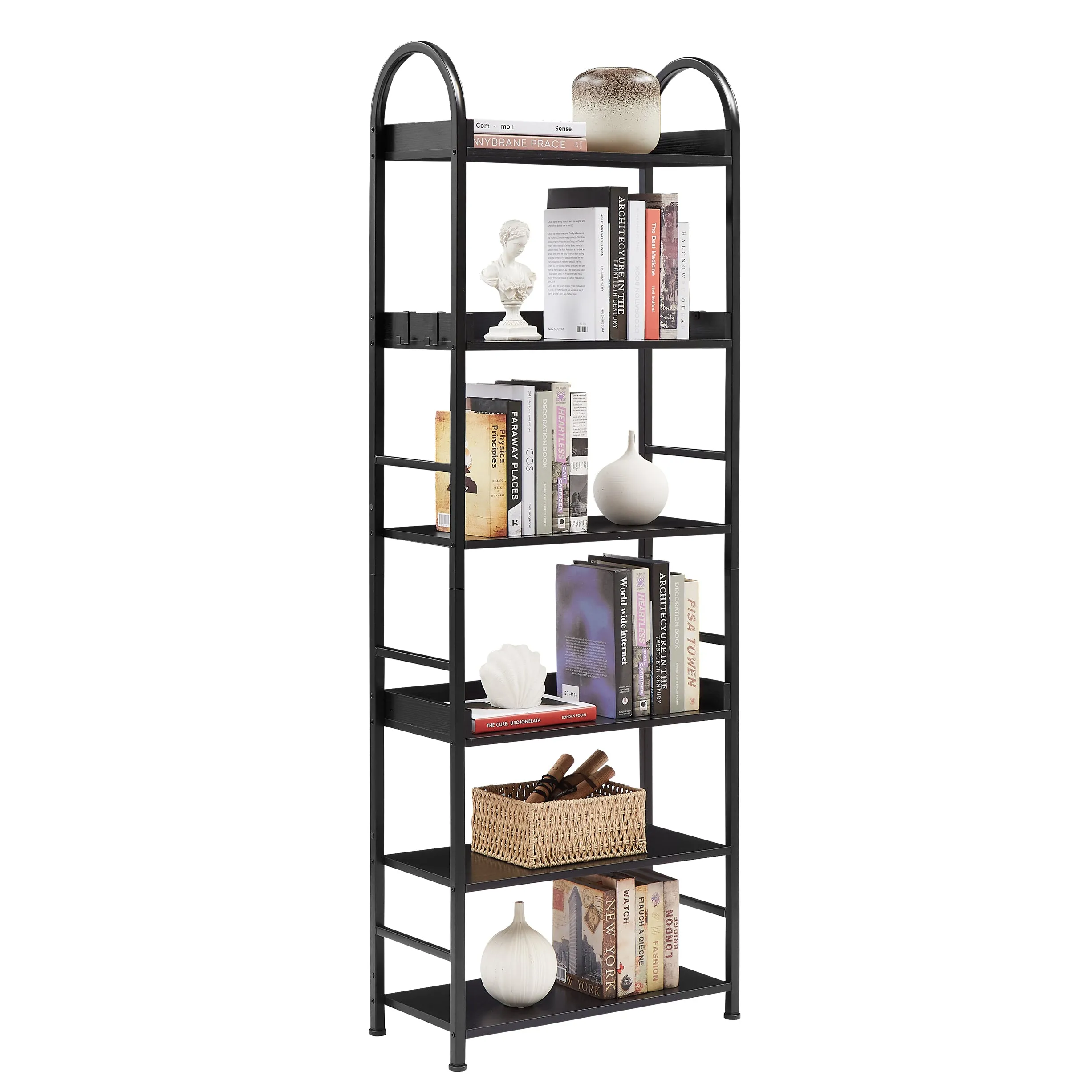 70.8 Inch Tall Bookshelf, 6-tier Shelves with Round Top Frame, MDF Boards, Adjustable Foot Pads, Black