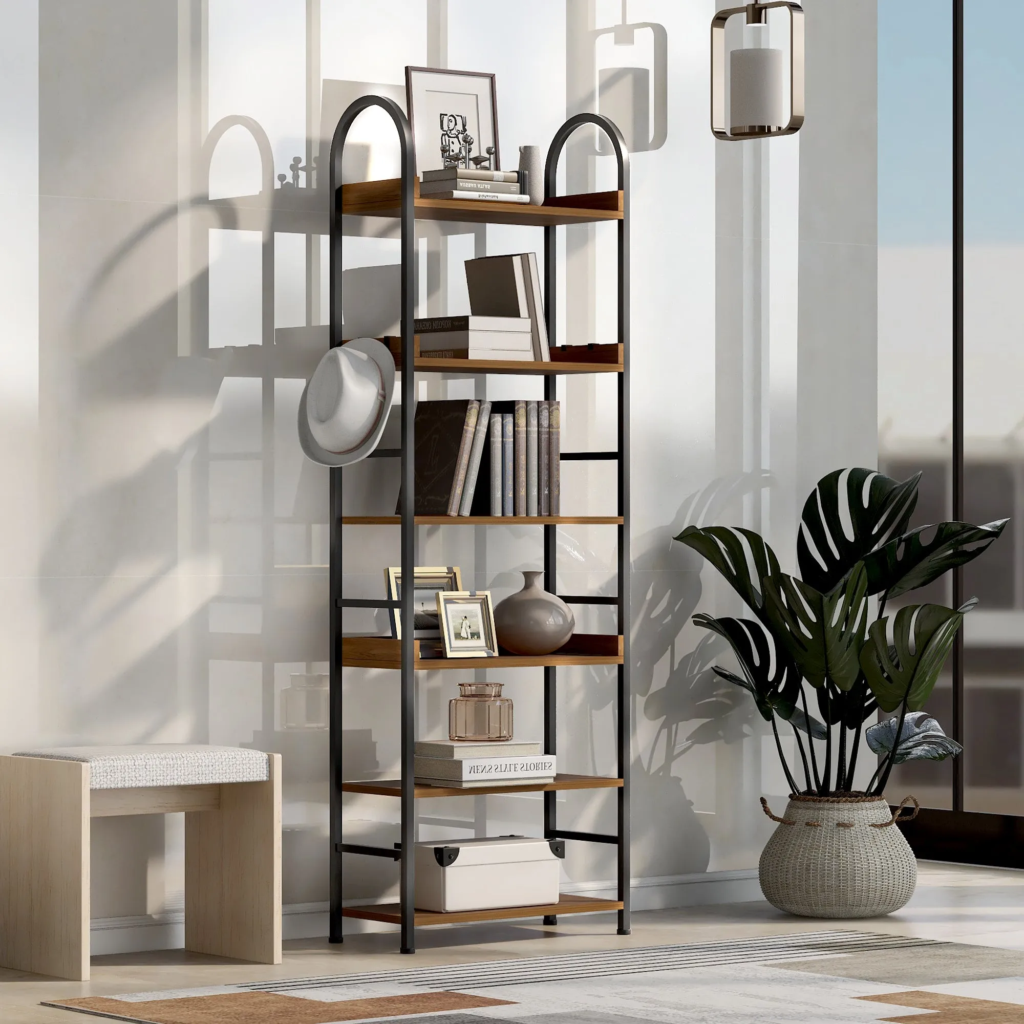 70.8 Inch Tall Bookshelf, 6-tier Shelves with Round Top Frame, MDF Boards, Adjustable Foot Pads, Brown