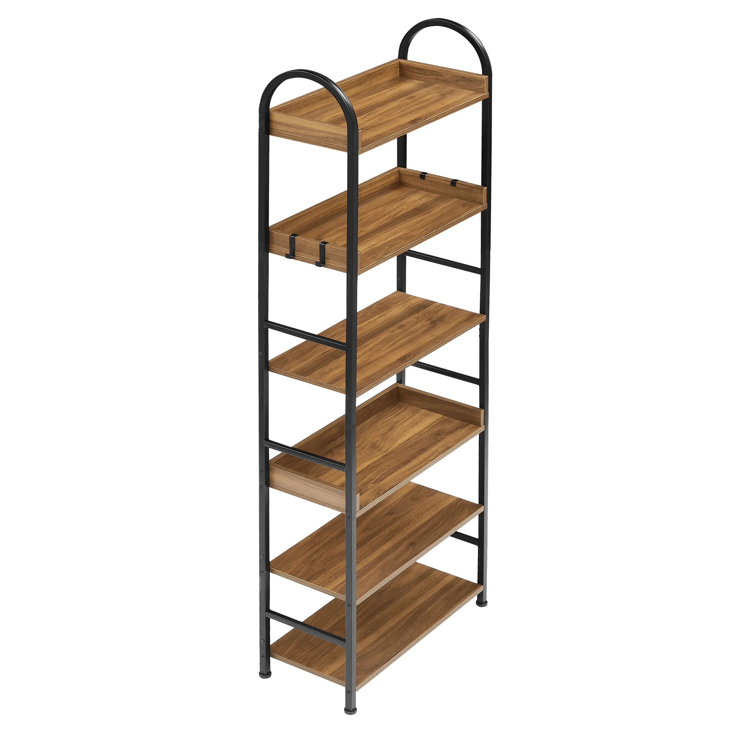 70.8 Inch Tall Bookshelf, 6-tier Shelves with Round Top Frame, MDF Boards, Adjustable Foot Pads, Brown