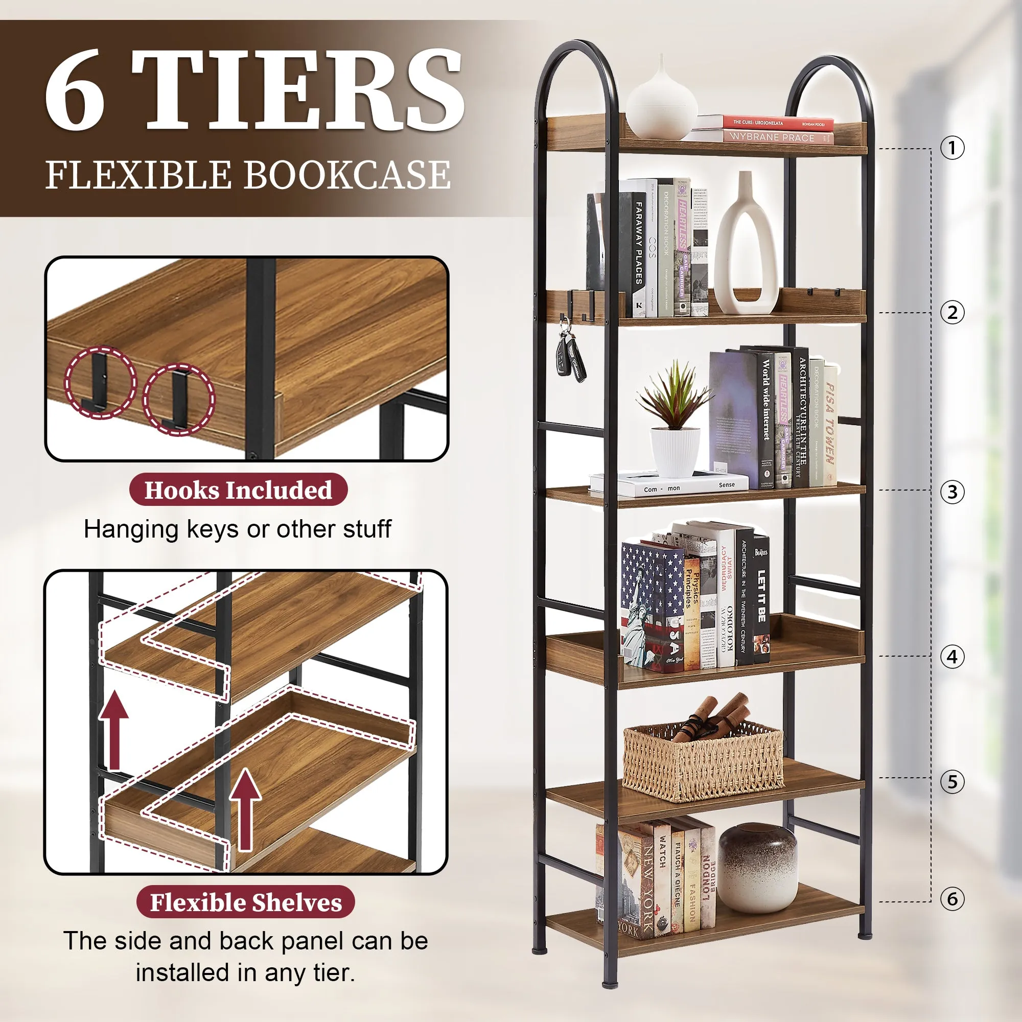 70.8 Inch Tall Bookshelf, 6-tier Shelves with Round Top Frame, MDF Boards, Adjustable Foot Pads, Brown