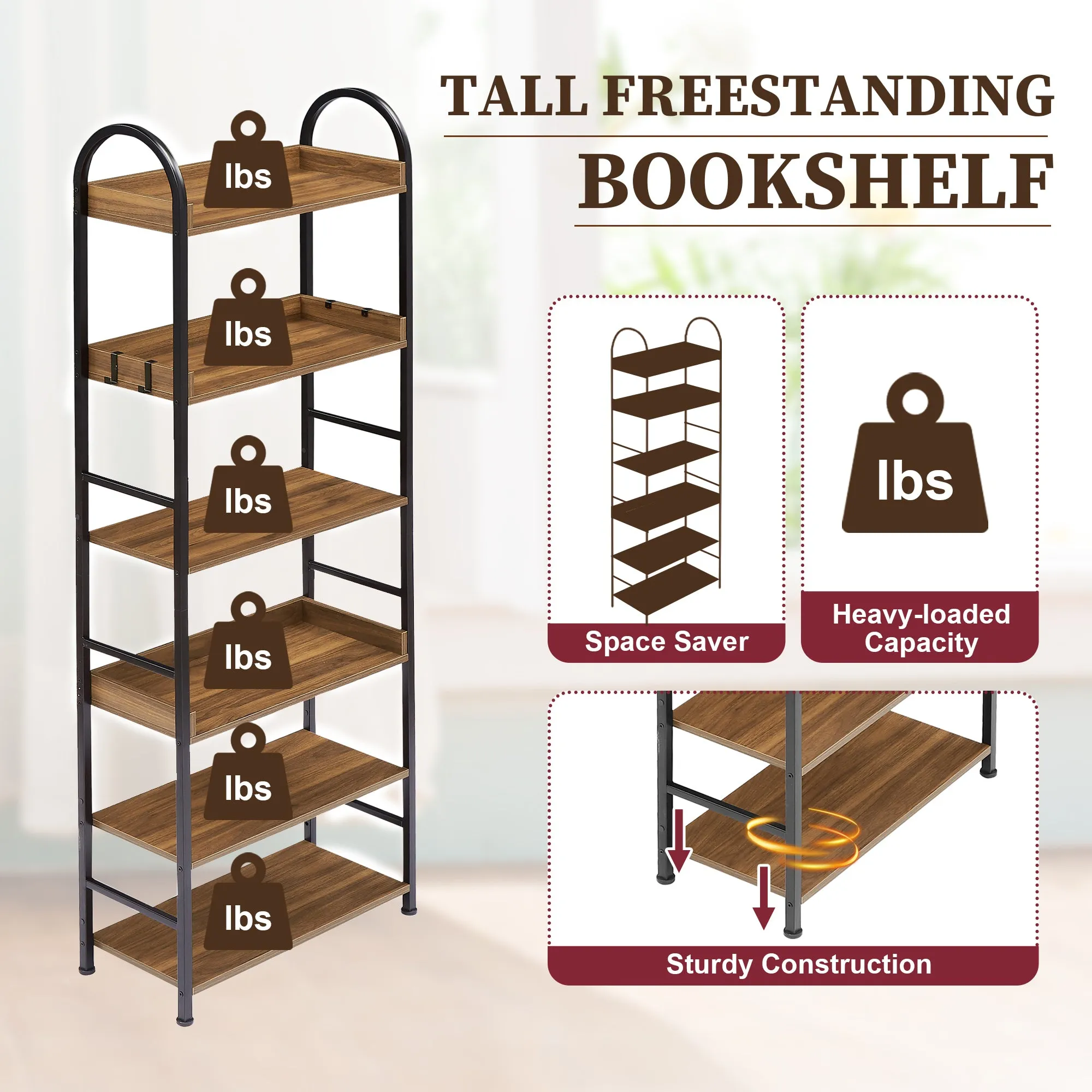 70.8 Inch Tall Bookshelf, 6-tier Shelves with Round Top Frame, MDF Boards, Adjustable Foot Pads, Brown