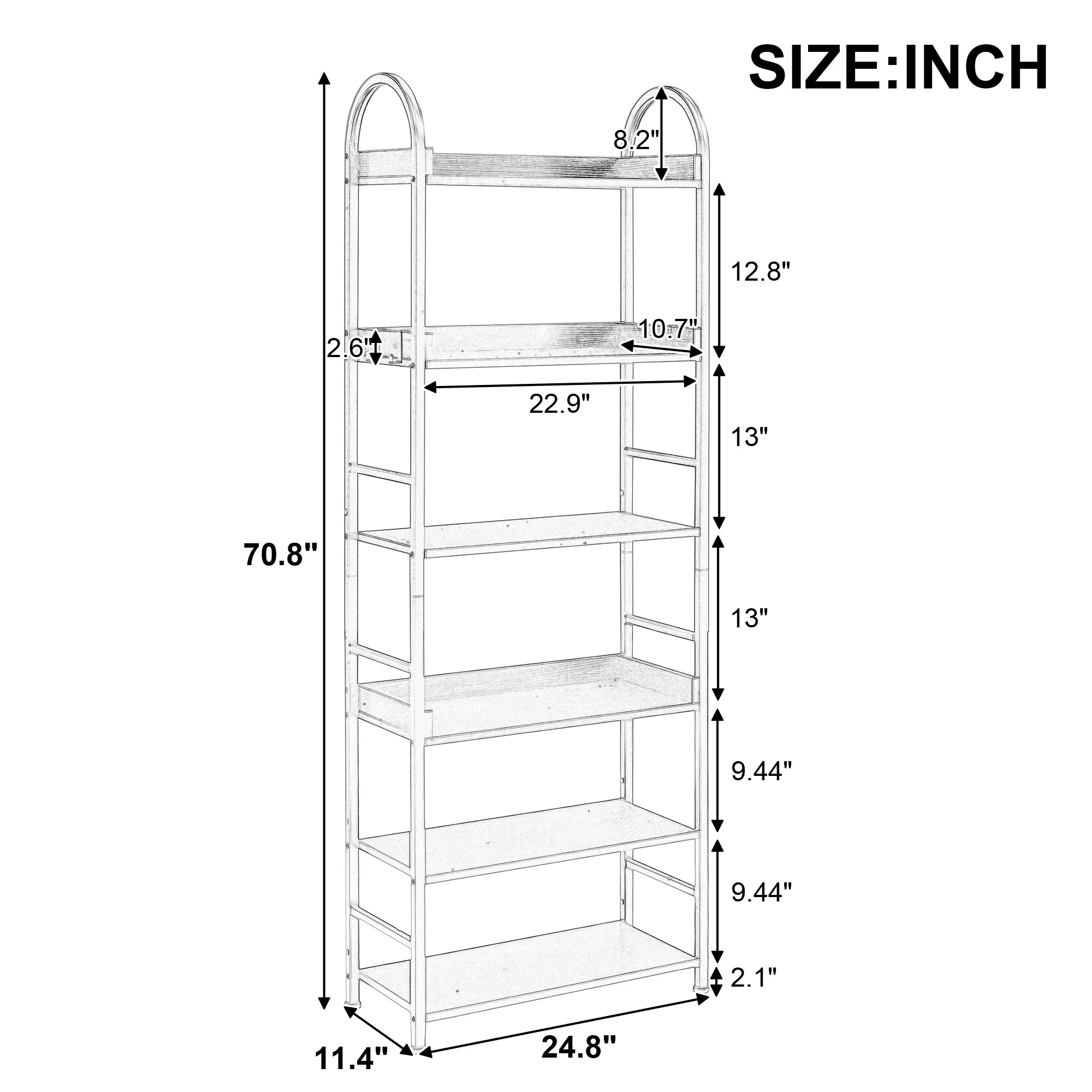 70.8 Inch Tall Bookshelf, 6-tier Shelves with Round Top Frame, MDF Boards, Adjustable Foot Pads, Brown