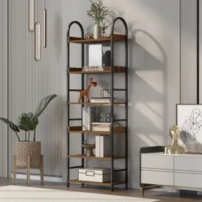 70.8 Inch Tall Bookshelf, 6-tier Shelves with Round Top Frame, MDF Boards, Adjustable Foot Pads, Brown