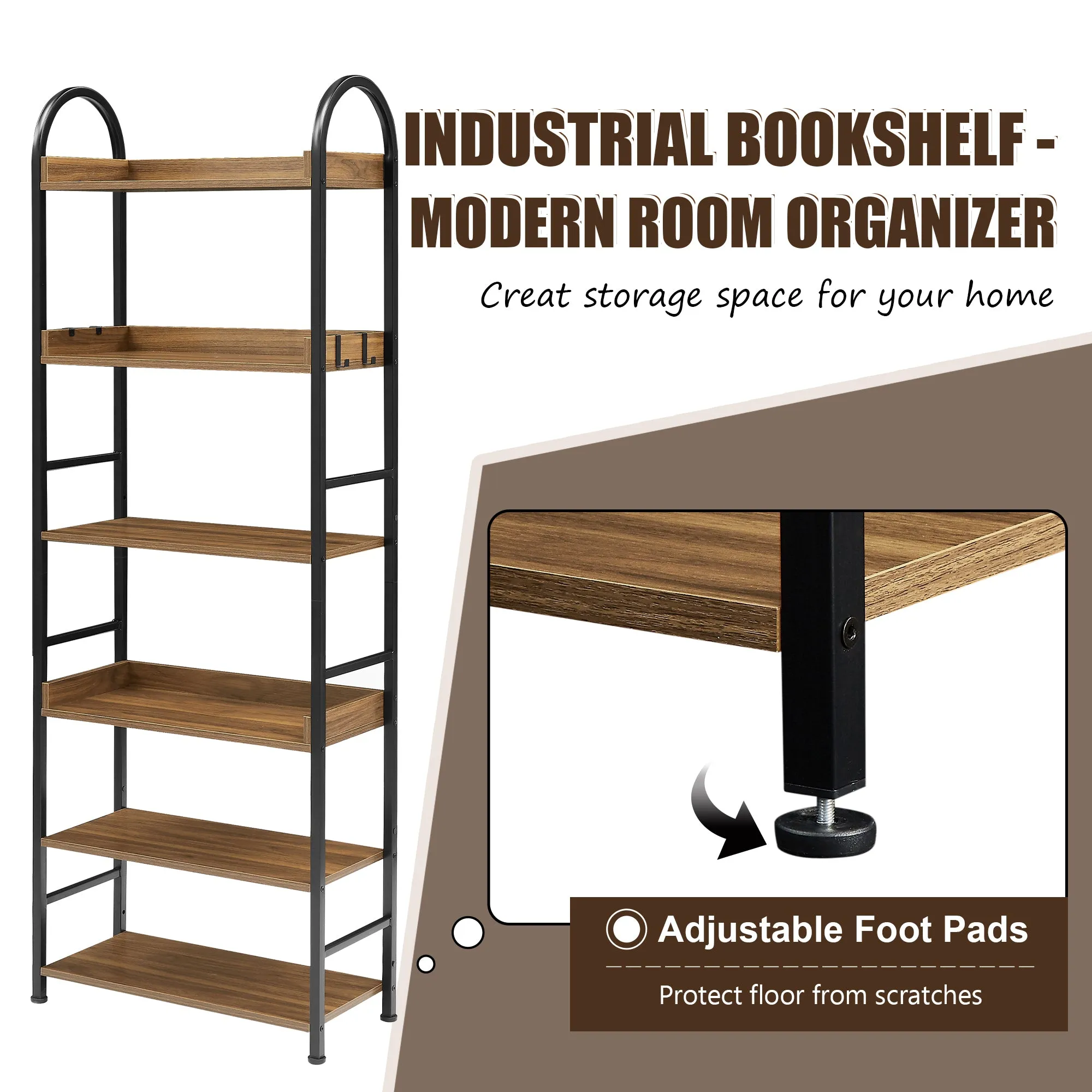 70.8 Inch Tall Bookshelf, 6-tier Shelves with Round Top Frame, MDF Boards, Adjustable Foot Pads, Brown