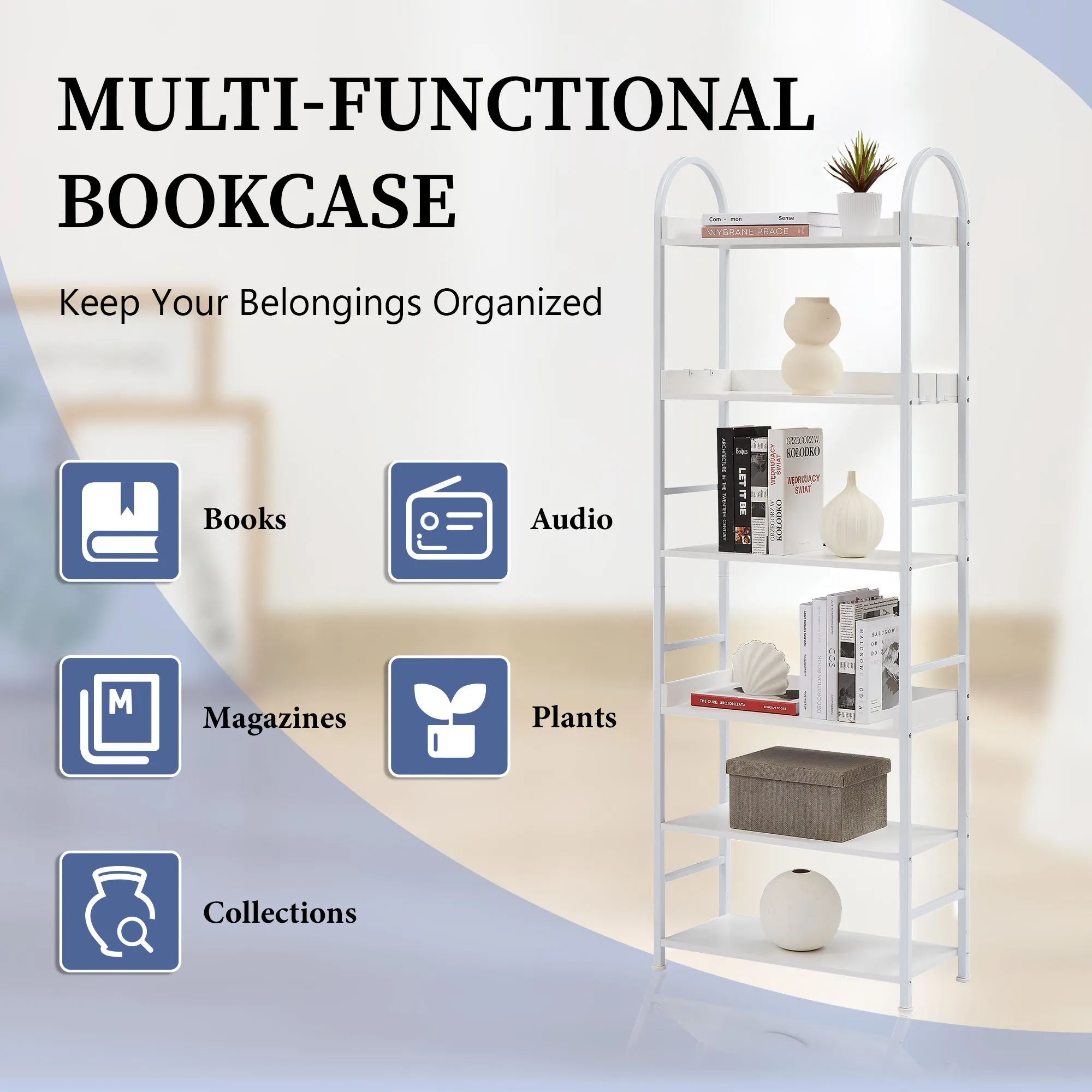 70.8 Inch Tall Bookshelf, 6-tier Shelves with Round Top Frame, MDF Boards, Adjustable Foot Pads, White