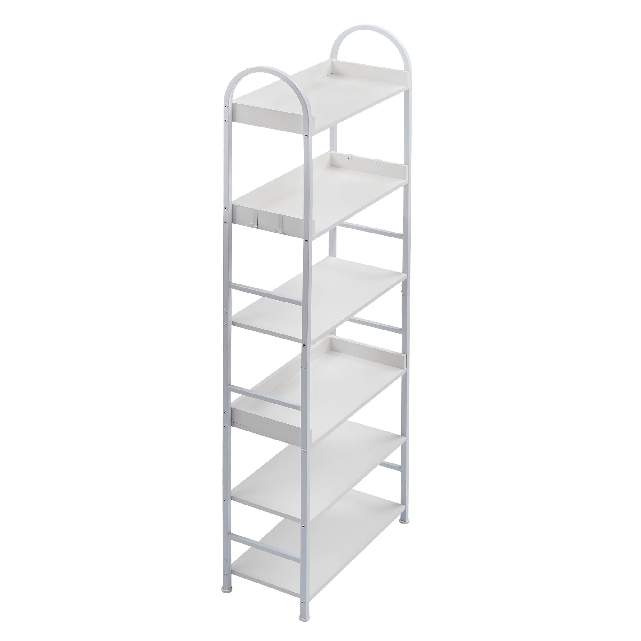 70.8 Inch Tall Bookshelf, 6-tier Shelves with Round Top Frame, MDF Boards, Adjustable Foot Pads, White