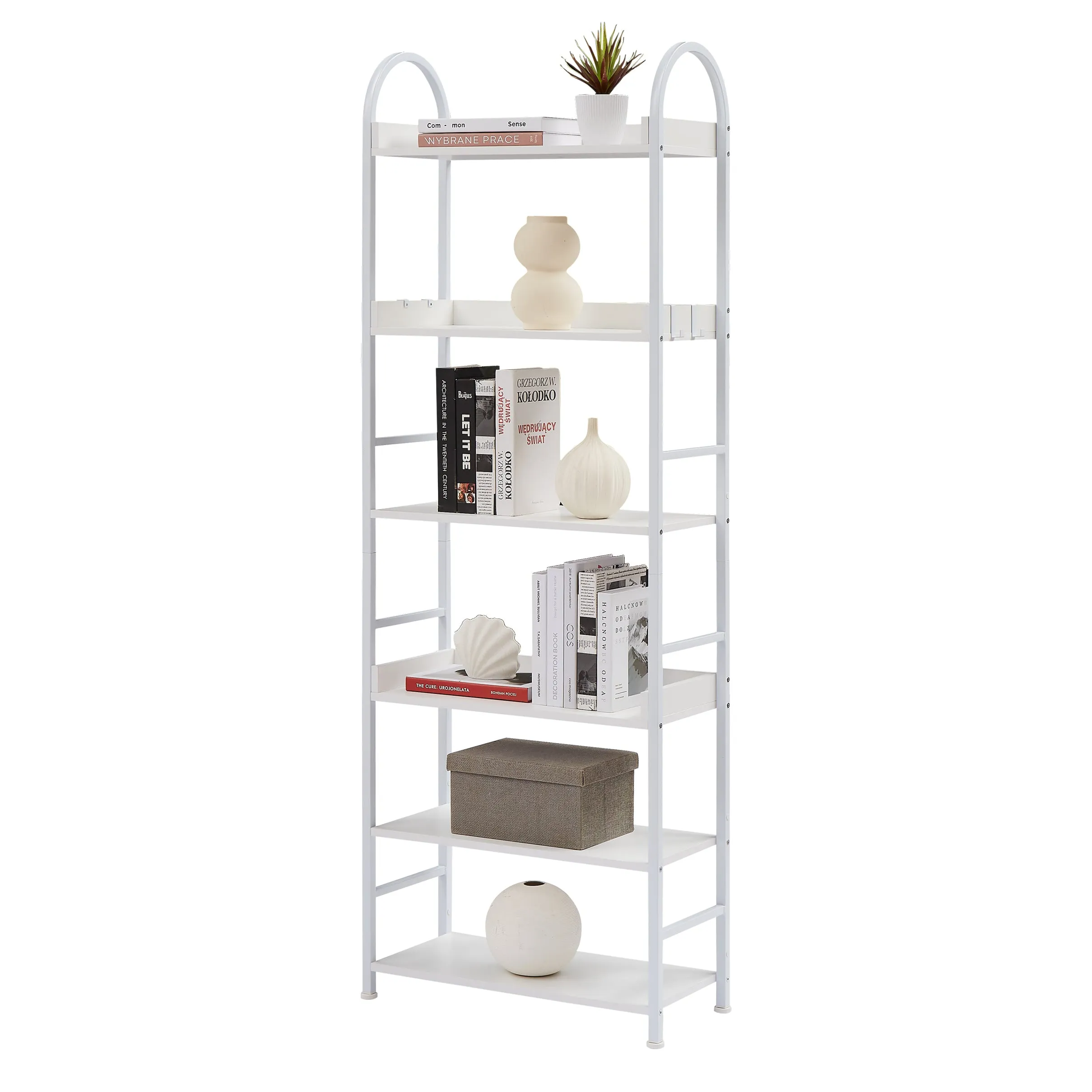 70.8 Inch Tall Bookshelf, 6-tier Shelves with Round Top Frame, MDF Boards, Adjustable Foot Pads, White