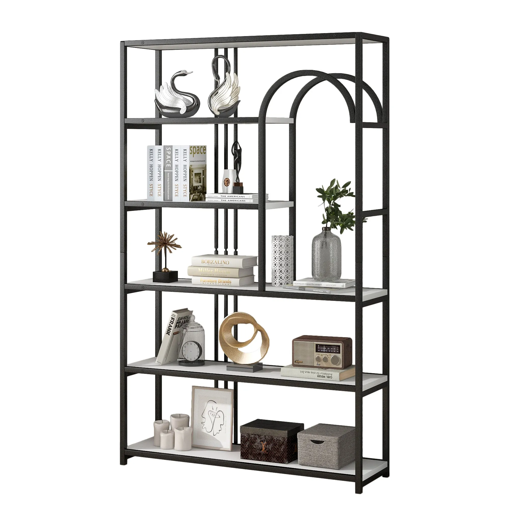 70.9 Inch Home Office Bookcase Open Bookshelf Storage Large 6 Shelf Bookshelf Furniture with Black Metal Frame, White