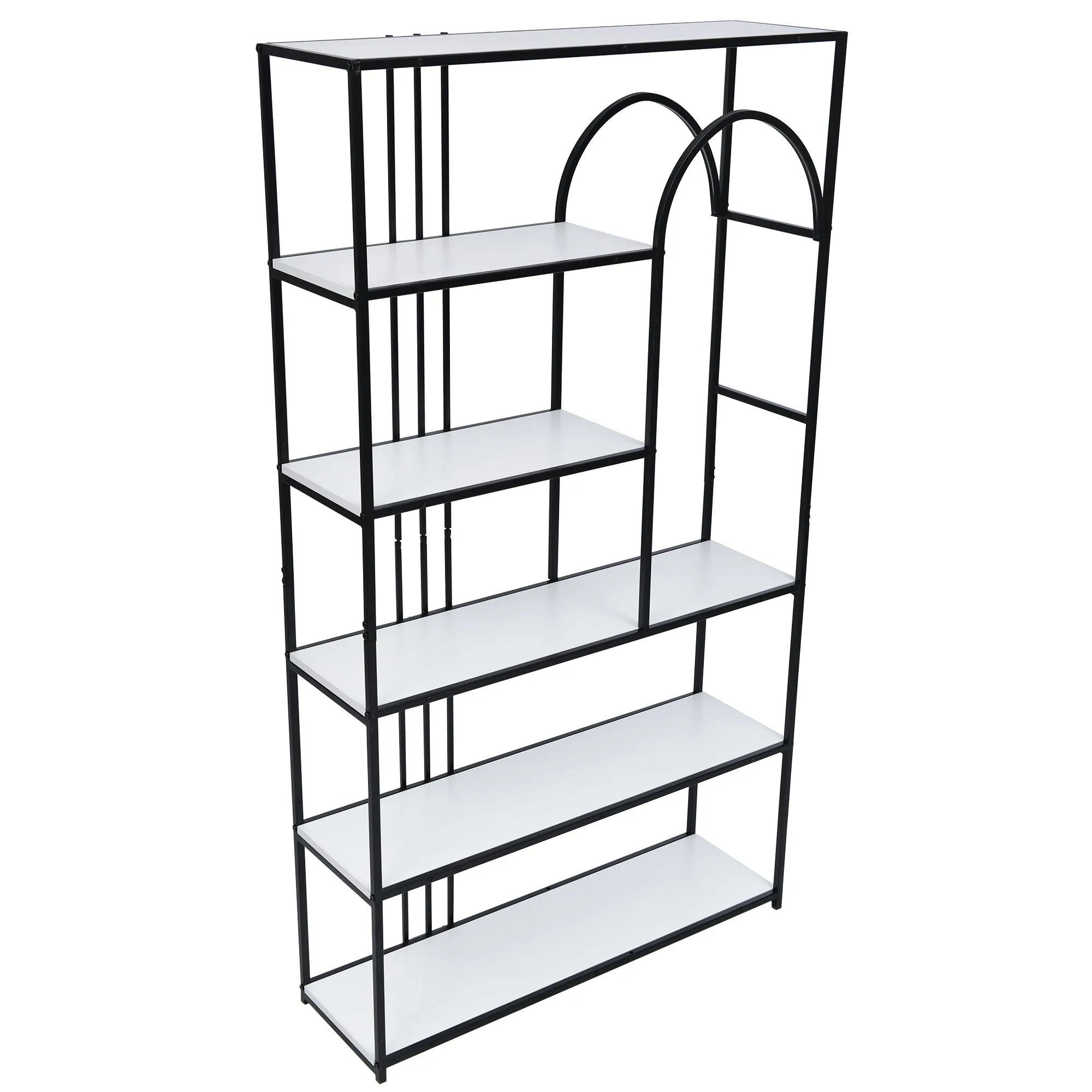 70.9 Inch Home Office Bookcase Open Bookshelf Storage Large 6 Shelf Bookshelf Furniture with Black Metal Frame, White