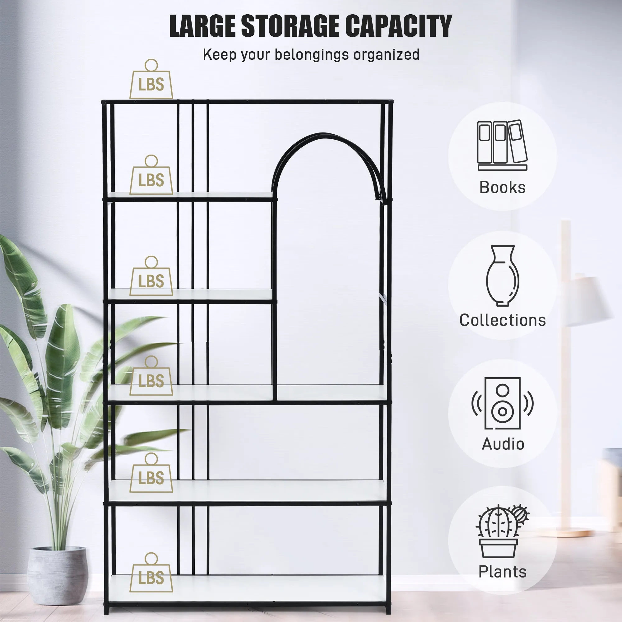 70.9 Inch Home Office Bookcase Open Bookshelf Storage Large 6 Shelf Bookshelf Furniture with Black Metal Frame, White