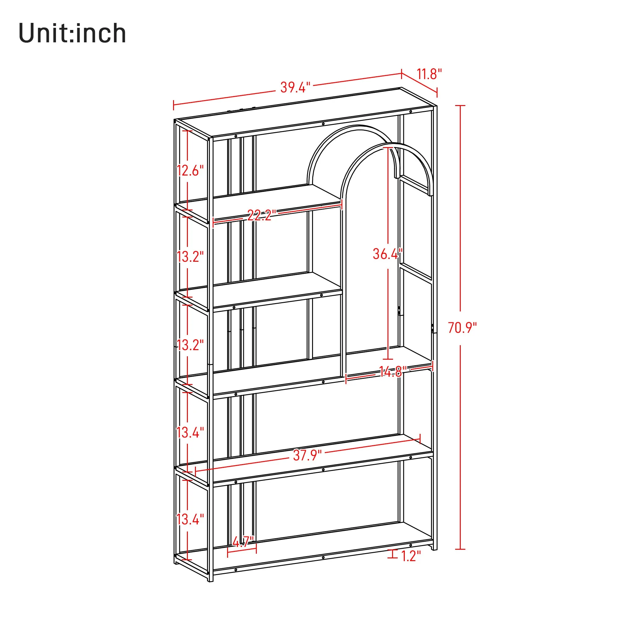 70.9 Inch Home Office Bookcase Open Bookshelf Storage Large 6 Shelf Bookshelf Furniture with Black Metal Frame, White