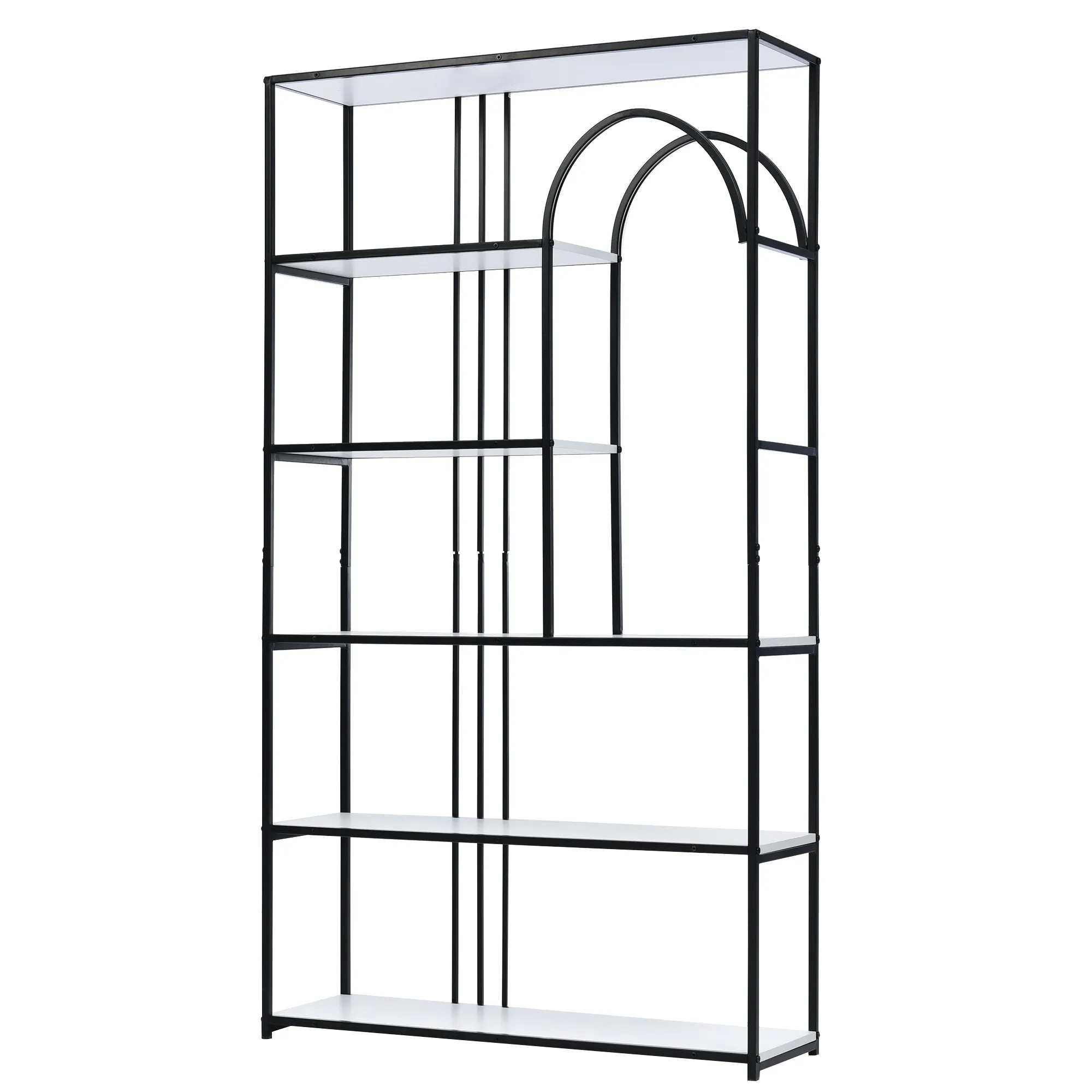 70.9 Inch Home Office Bookcase Open Bookshelf Storage Large 6 Shelf Bookshelf Furniture with Black Metal Frame, White