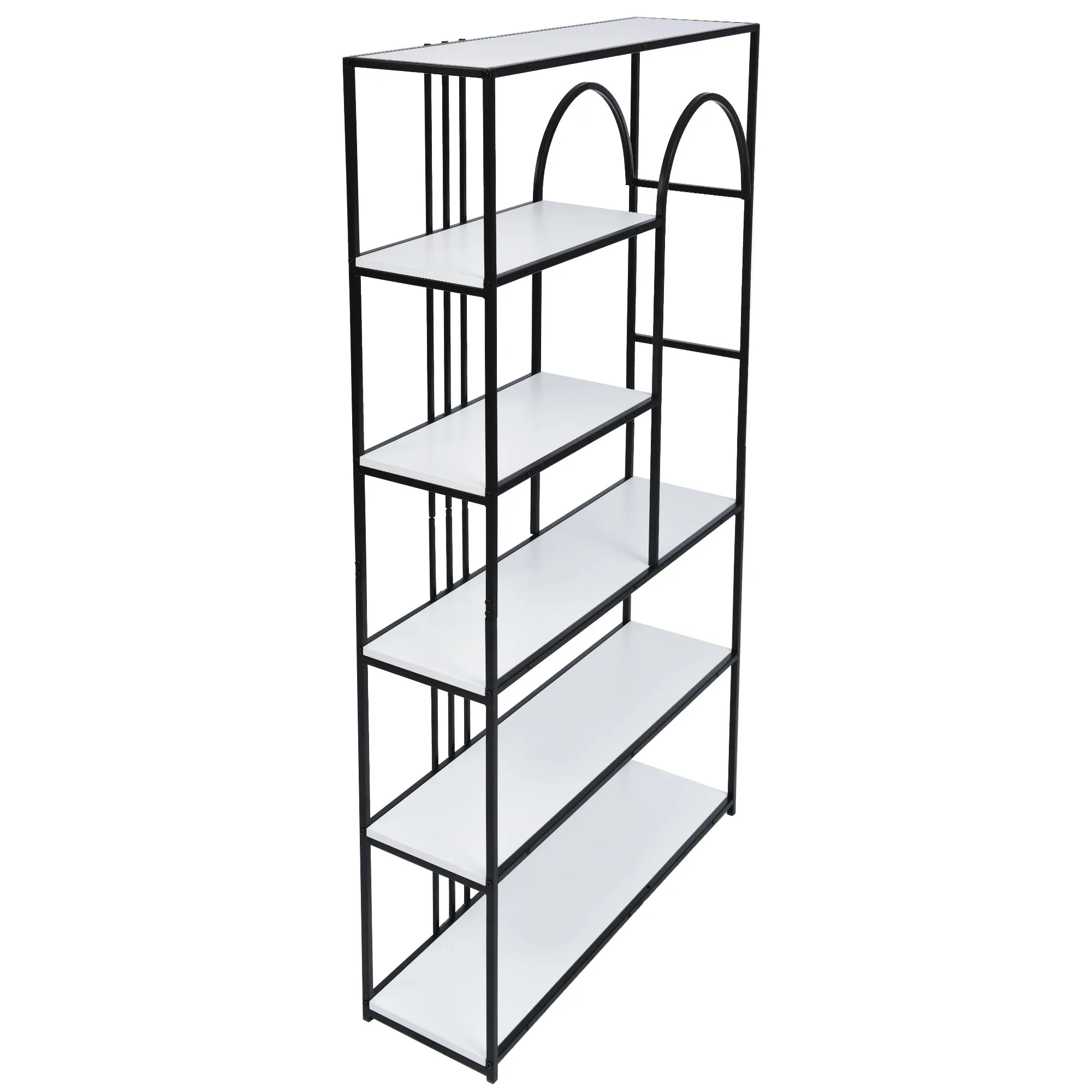 70.9 Inch Home Office Bookcase Open Bookshelf Storage Large 6 Shelf Bookshelf Furniture with Black Metal Frame, White