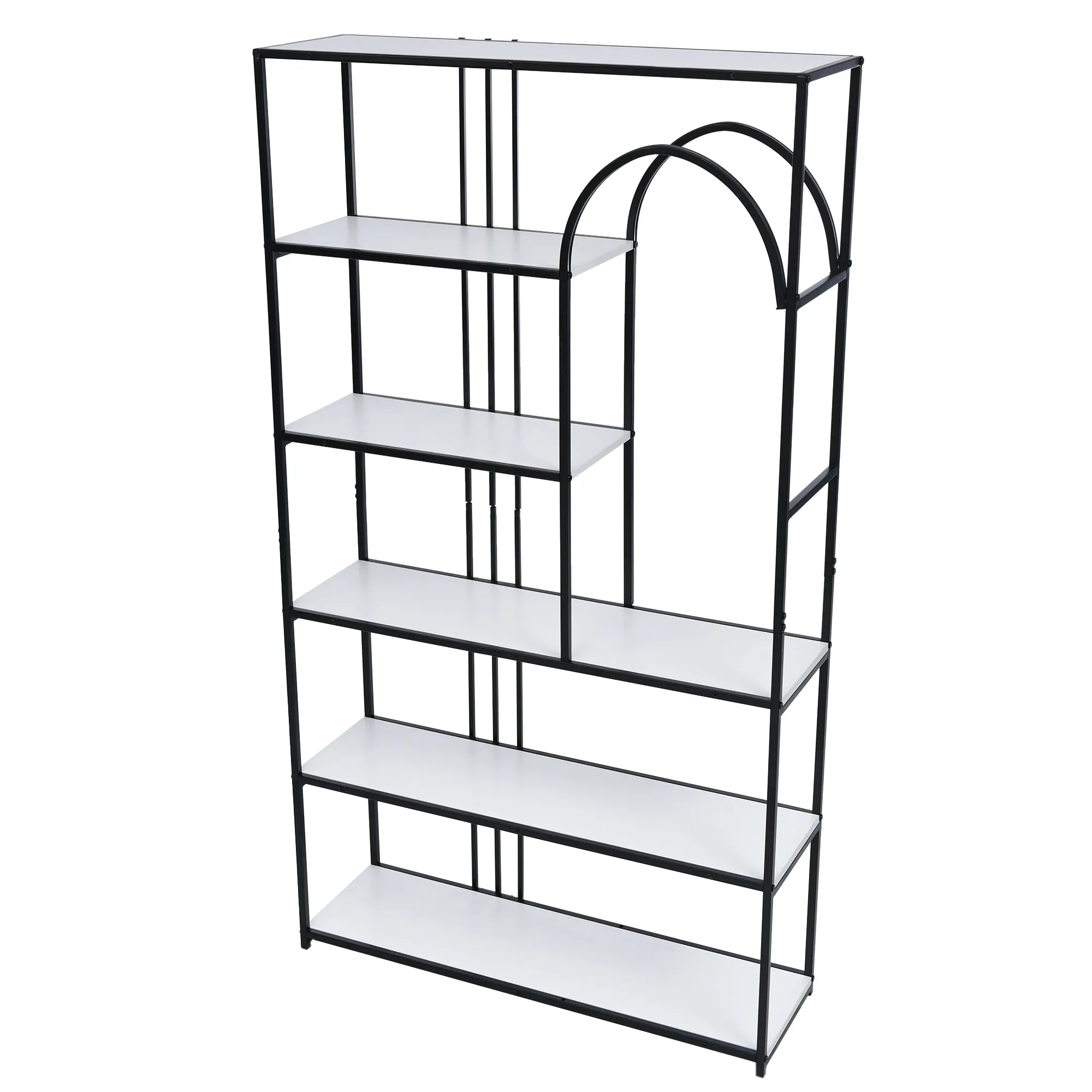 70.9 Inch Home Office Bookcase Open Bookshelf Storage Large 6 Shelf Bookshelf Furniture with Black Metal Frame, White