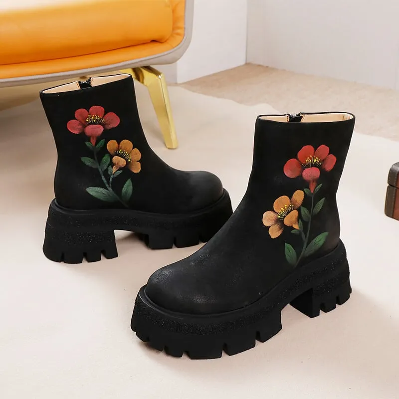 70mm Platform Leather Retro Boots For Women Hand Painted Flower Decoration Coffee/Black