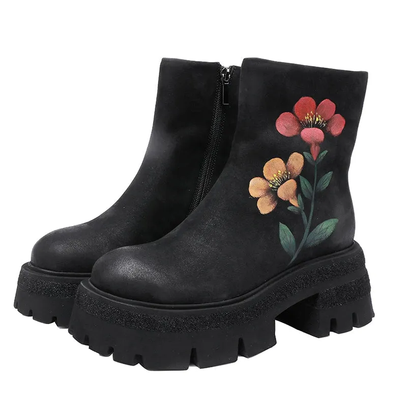 70mm Platform Leather Retro Boots For Women Hand Painted Flower Decoration Coffee/Black