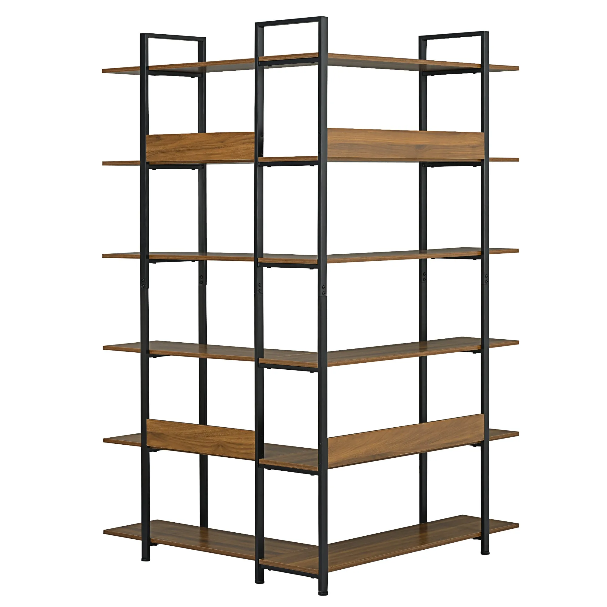 74.8 Inch Bookshelf L-shape MDF Boards Stainless Steel Frame Corner 6-tier Shelves Adjustable Foot Pads, Brown