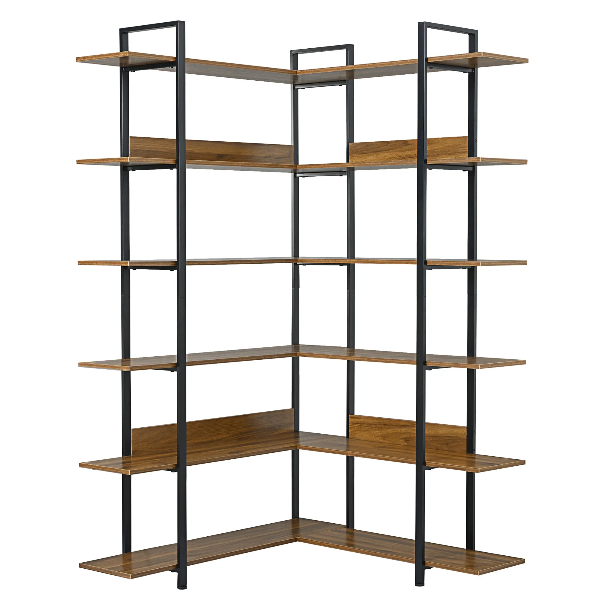 74.8 Inch Bookshelf L-shape MDF Boards Stainless Steel Frame Corner 6-tier Shelves Adjustable Foot Pads, Brown