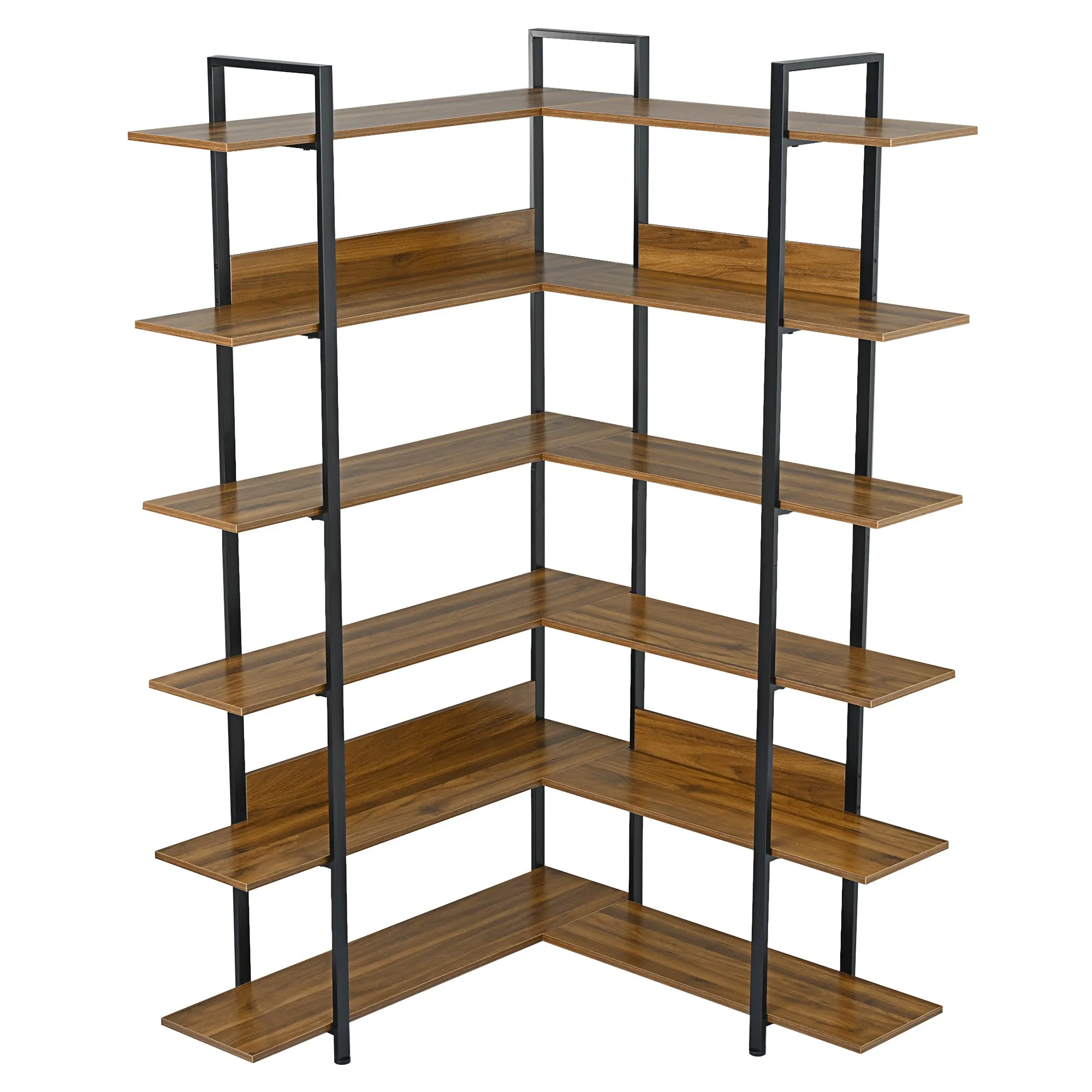 74.8 Inch Bookshelf L-shape MDF Boards Stainless Steel Frame Corner 6-tier Shelves Adjustable Foot Pads, Brown