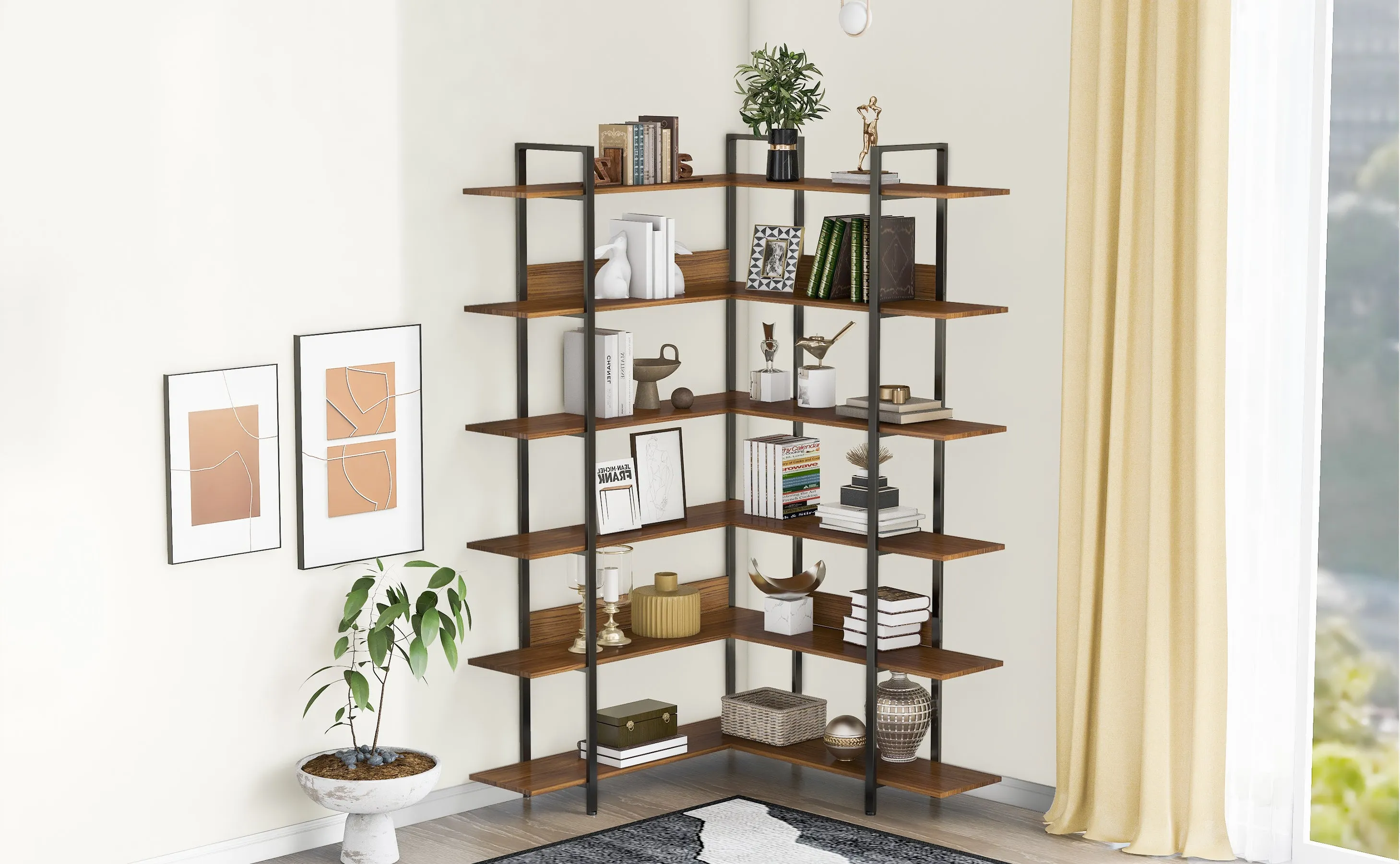 74.8 Inch Bookshelf L-shape MDF Boards Stainless Steel Frame Corner 6-tier Shelves Adjustable Foot Pads, Brown