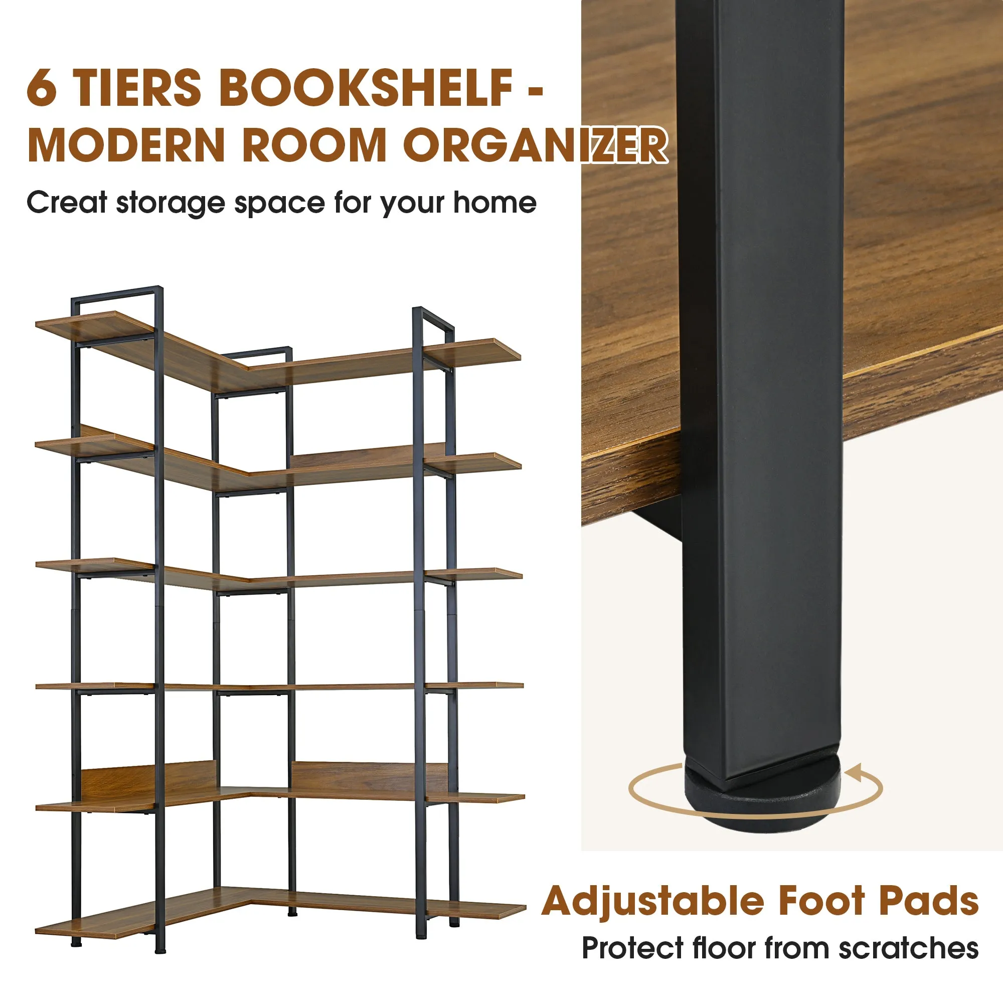 74.8 Inch Bookshelf L-shape MDF Boards Stainless Steel Frame Corner 6-tier Shelves Adjustable Foot Pads, Brown