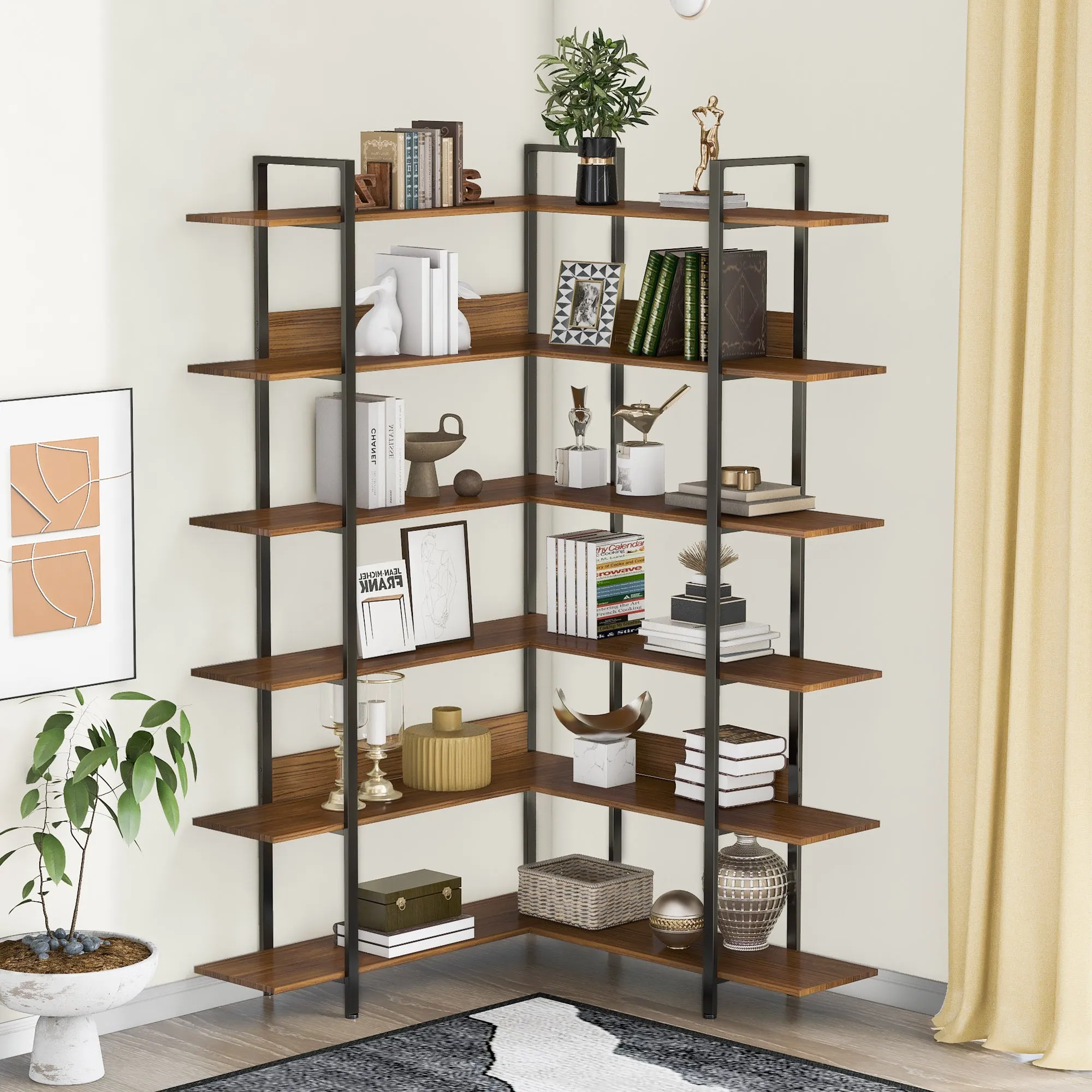 74.8 Inch Bookshelf L-shape MDF Boards Stainless Steel Frame Corner 6-tier Shelves Adjustable Foot Pads, Brown