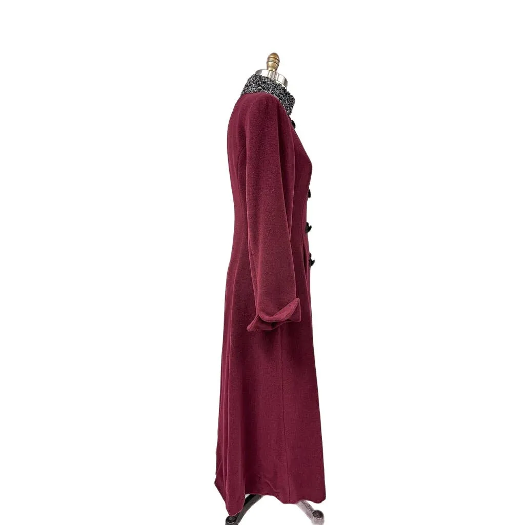 80s VTG Miss Elle Ci Cossack Style Maxi Coat Sz 42/M Wine Wool Cashmere Italy Retro