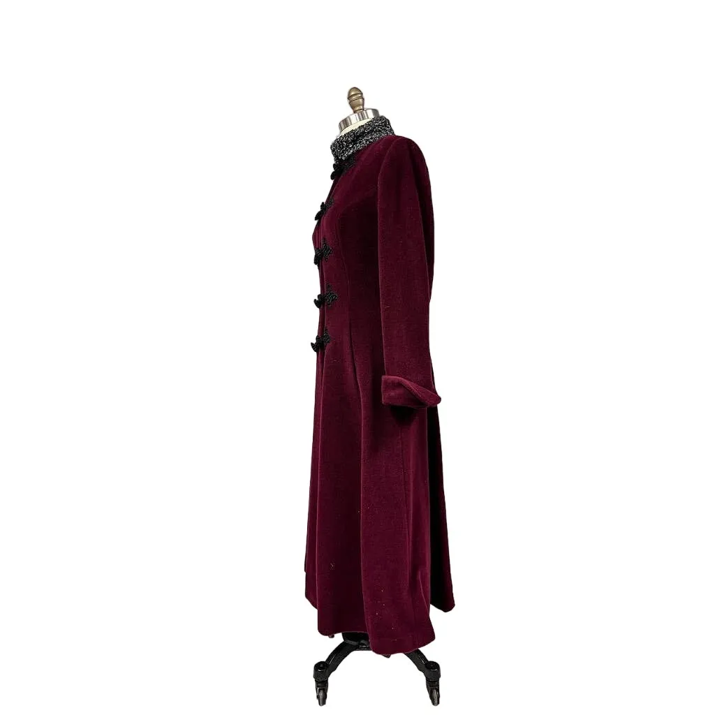 80s VTG Miss Elle Ci Cossack Style Maxi Coat Sz 42/M Wine Wool Cashmere Italy Retro