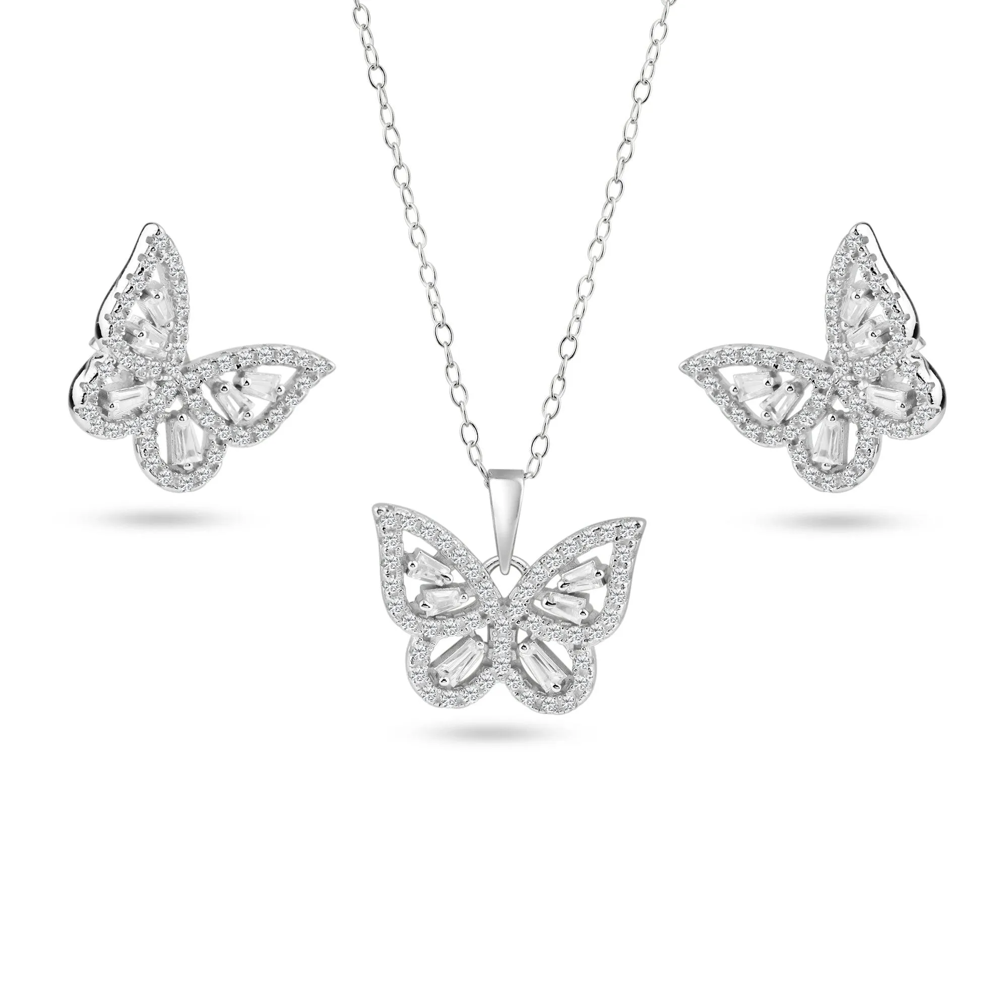 925 Sterling Silver Rhodium Butterfly Clear Baguette CZ Earring and Pendant Set - BGS00616