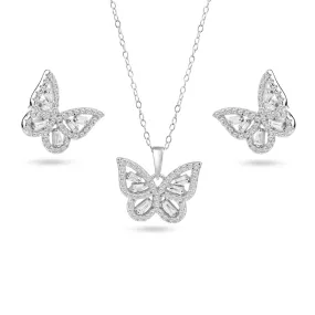 925 Sterling Silver Rhodium Butterfly Clear Baguette CZ Earring and Pendant Set - BGS00616