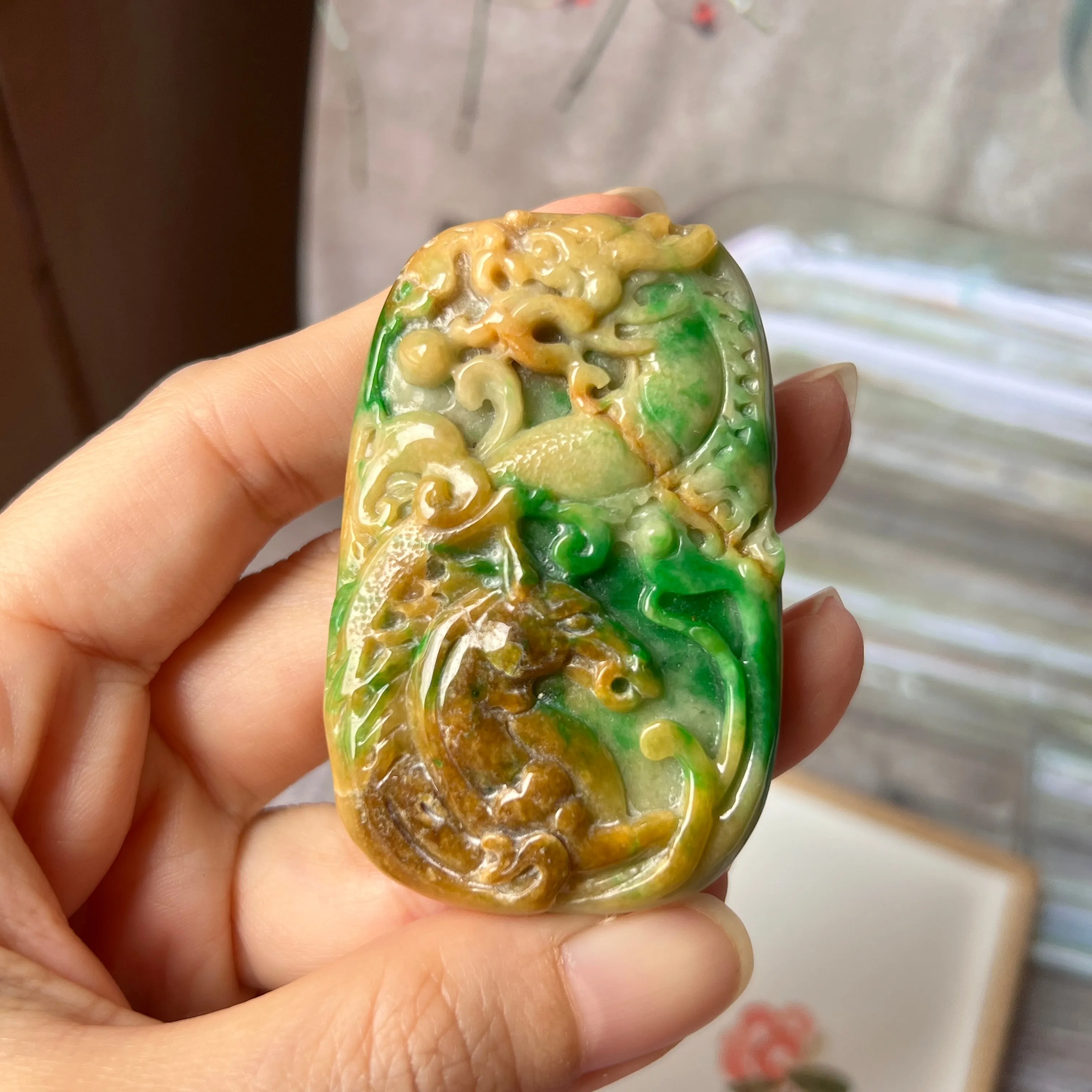 A-Grade Natural Green & Yellow Jadeite Dragon Horse Pendant/ Display No.172139