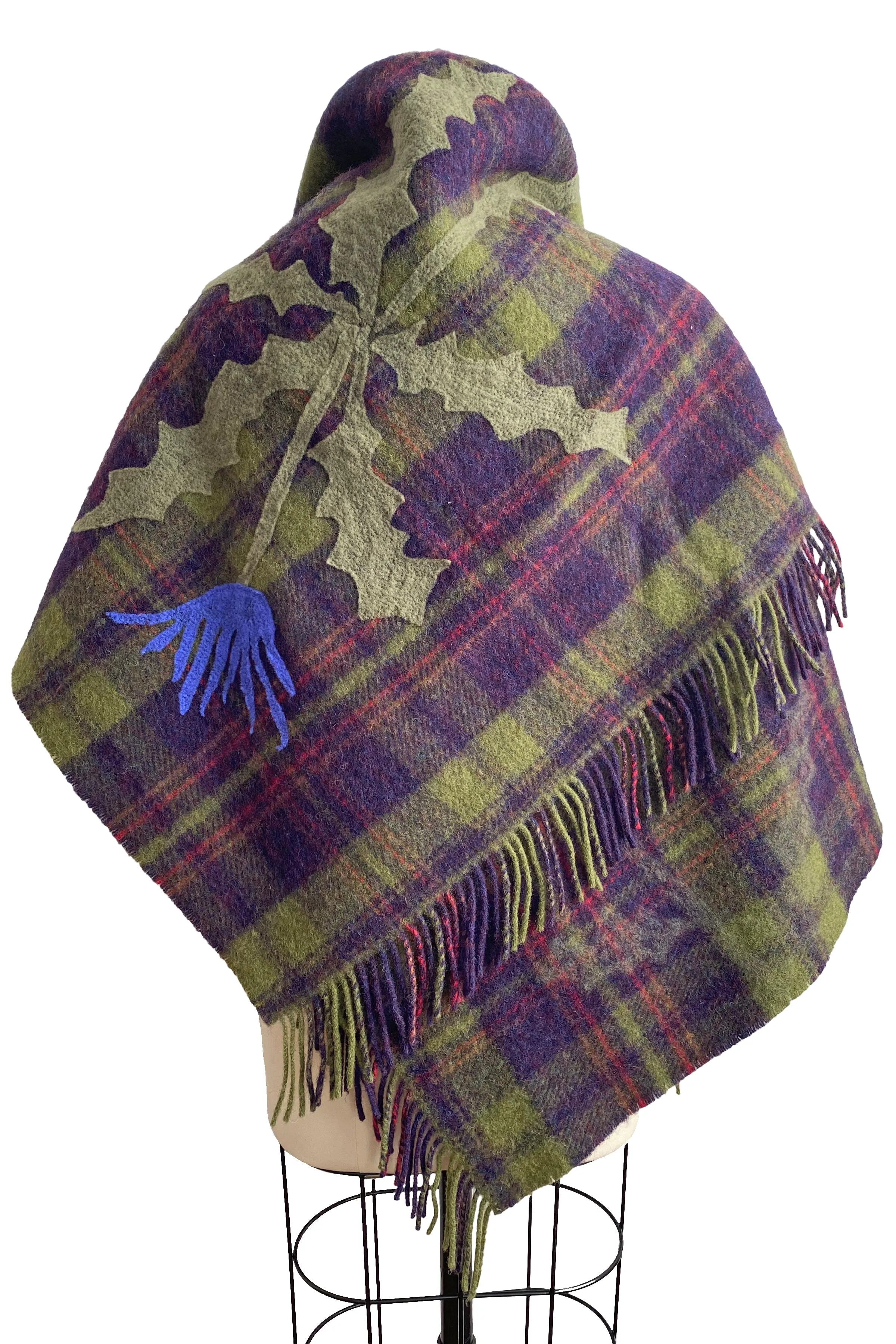 Alpaca Wool Blanket Shawl w/ Wool Applique Thistle - Purple Plaid