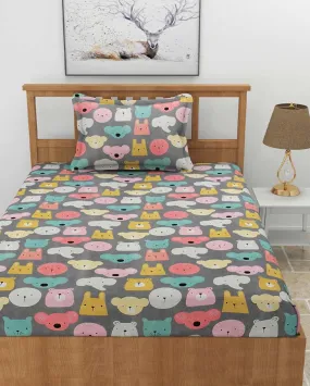 Animal Faces Printed Grey Glace Cotton Flat Single Bedsheet with One King Size Pillow Cover | 90 x 60 inches