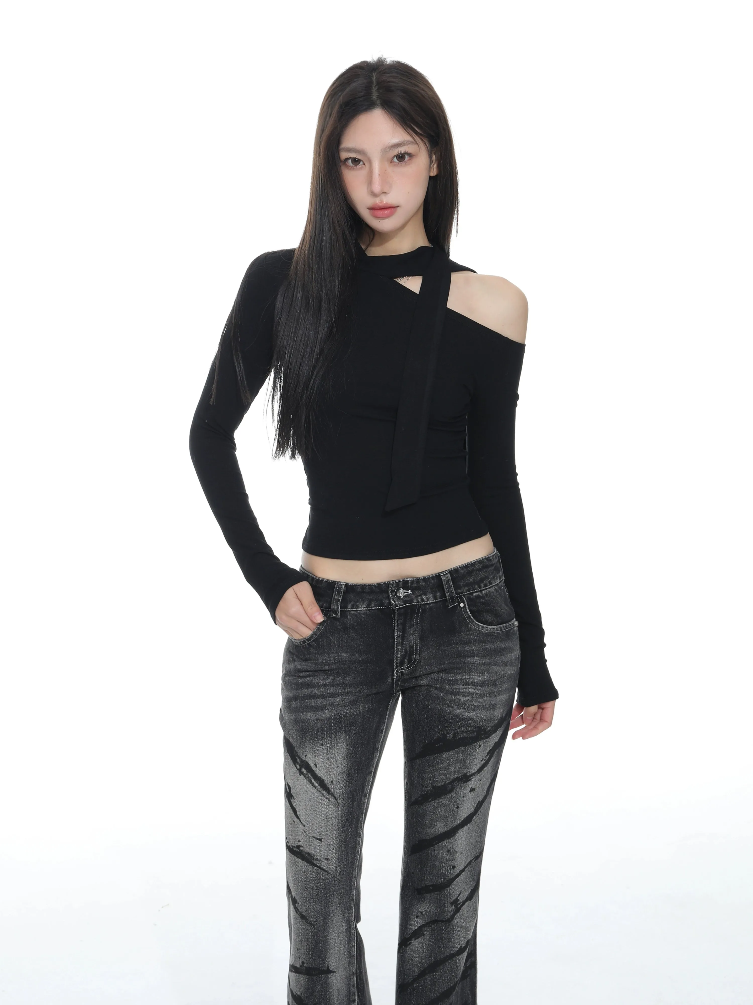 Asymmetric Cutout Cold Shoulder Long Sleeve Top