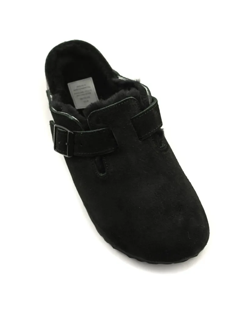 Birkenstock — Boston VL/Fell Shearling Suede - Black Narrow Width