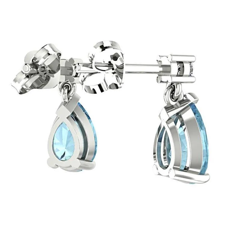 Blue Topaz Pear Drop Stud Diamond Earrings 14K White Gold