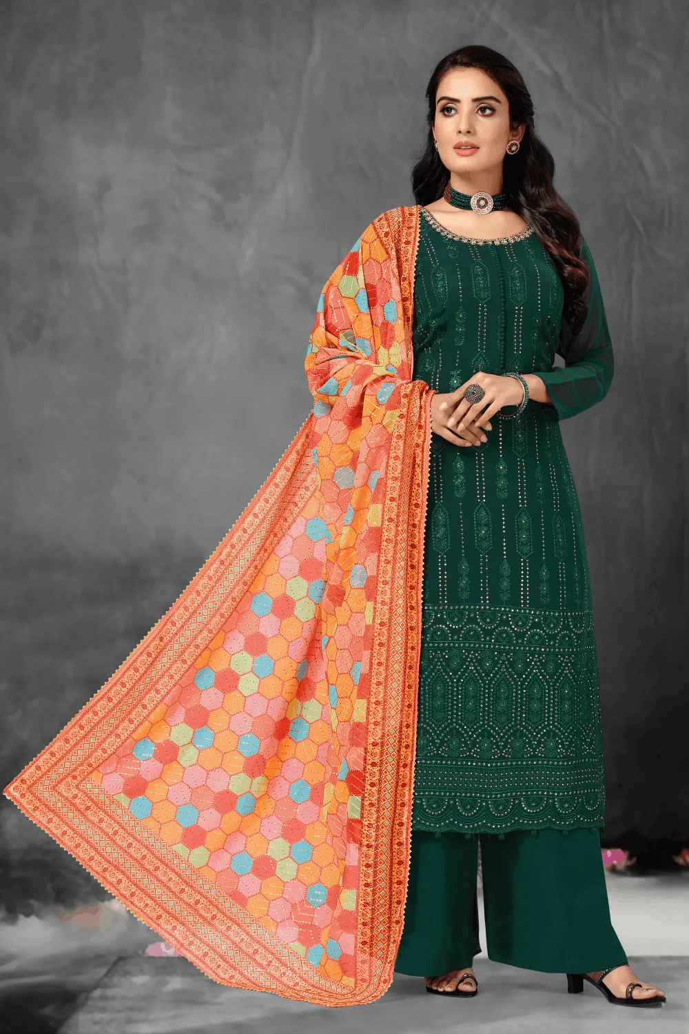 Bottle Green Sequins, Thread, Beads and Stone work Salwar Suit with Palazzo Pants