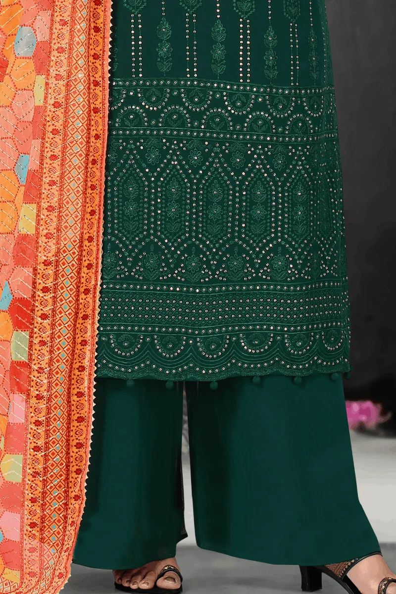 Bottle Green Sequins, Thread, Beads and Stone work Salwar Suit with Palazzo Pants